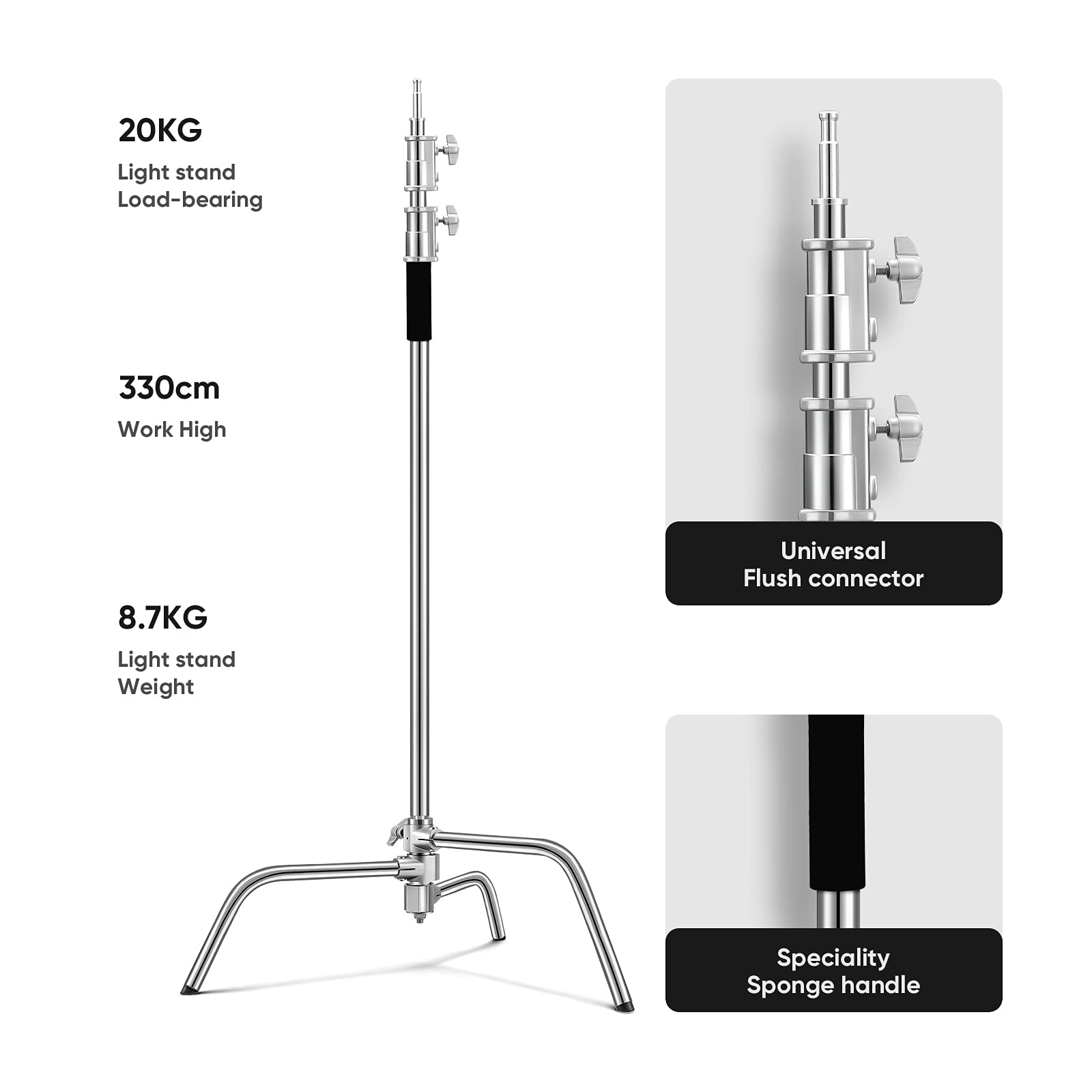 Heavy Duty 10.8ft/330cm C Stand with Holding Arm, Sandbag & Accessories - Professional Stainless Steel Photography Light Stand for Studio, Video, Monolight & Softbox Shooting | Perfect for Photography Studios, Film Sets & Video Production