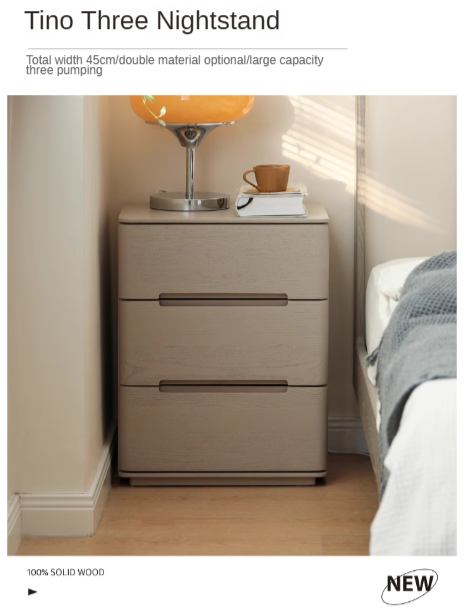 Solid Oak Wood Nightstand with 3 Drawers - Modern Light Luxury Bedside Table for Bedroom, Living Room, or Office