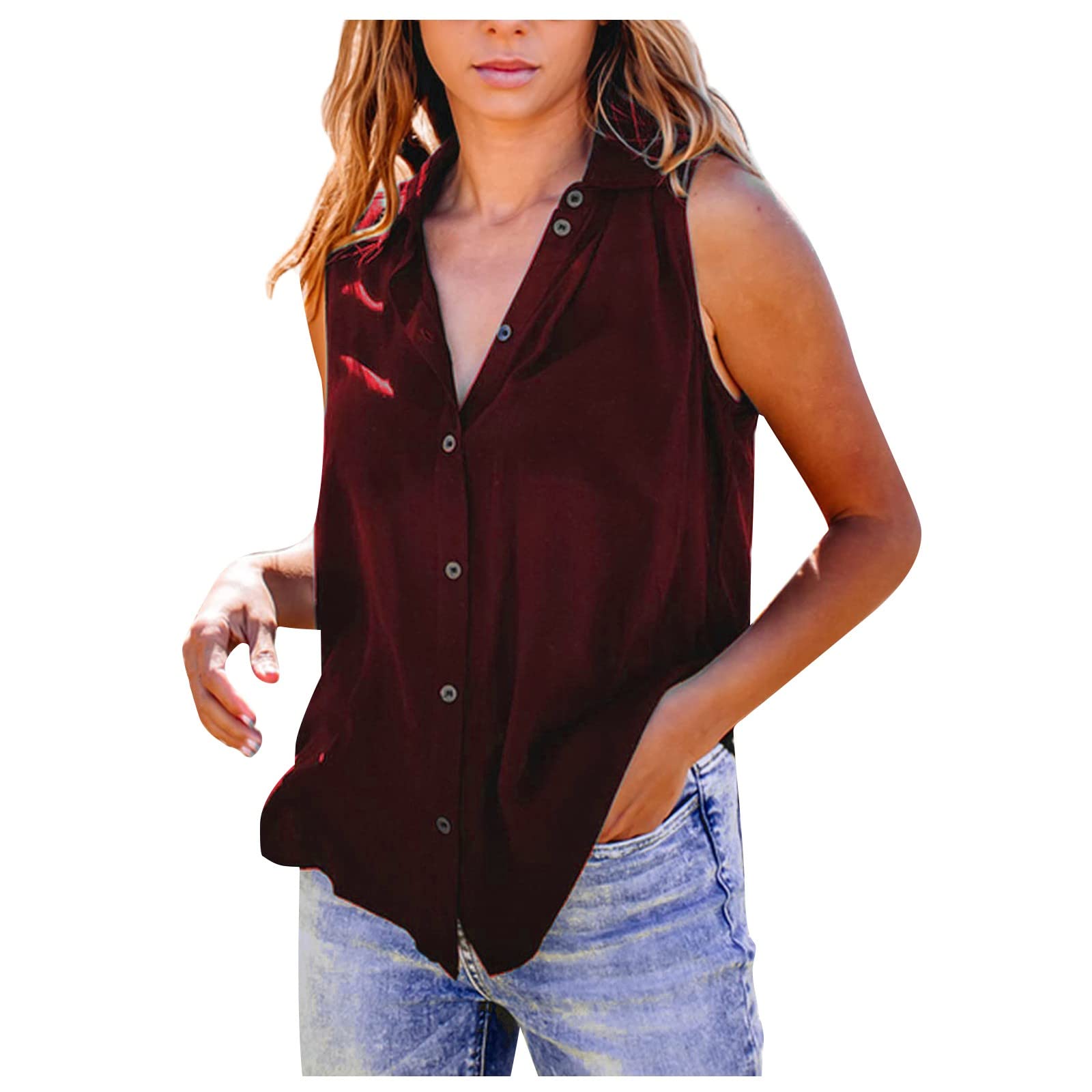 GIPQJK Women's Sleeveless Button Up Shirt - Casual Summer Lightweight V-Neck Solid Vest Top - Navy Blue Oversized Blouse for Women - Perfect for Beach, Office & Summer Outings