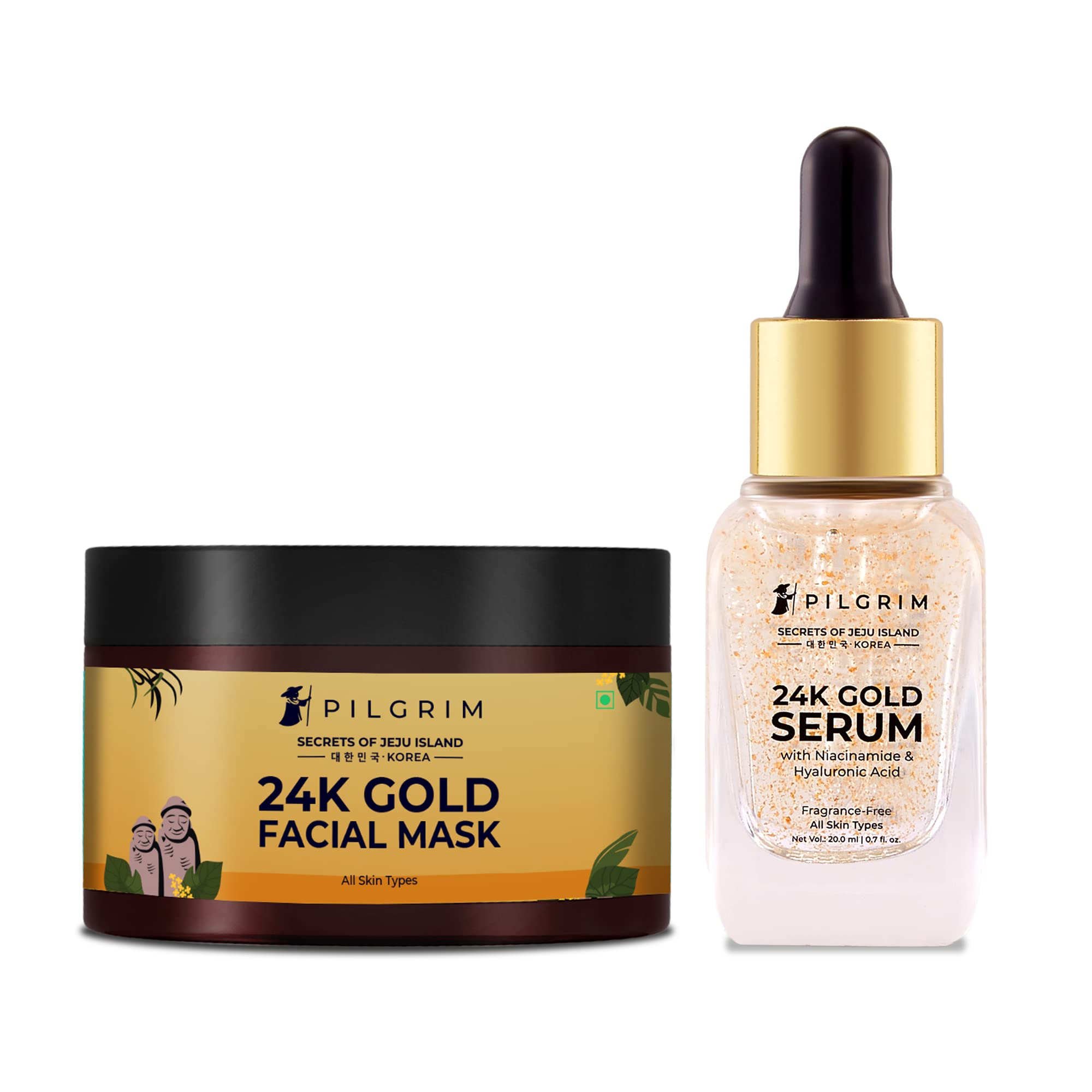 24K Gold Facial Kit for Dewy Glass Skin | Pilgrim Korean Skincare Set with 24K Gold Face Mask (50g) & Serum (20ml) | Radiant Glow Treatment for Women & Men | Spa Day & Self-Care Gift | Includes FREE Jute Bag