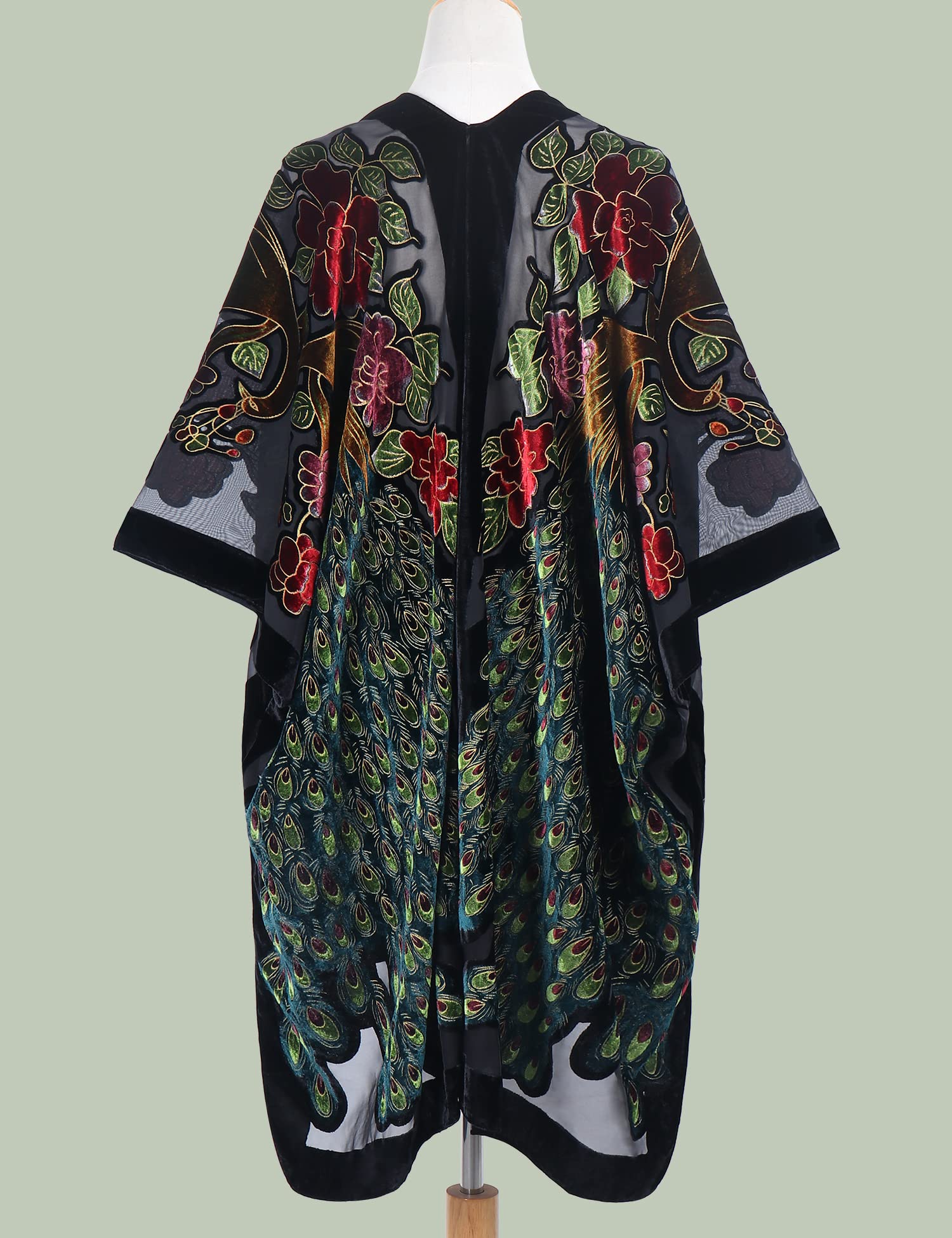 WeHello Women's Burnout Velvet Kimono Long Cardigan Cover Up - Peacock/Black | Lightweight Loungewear for Home, Beach & Boho Fashion