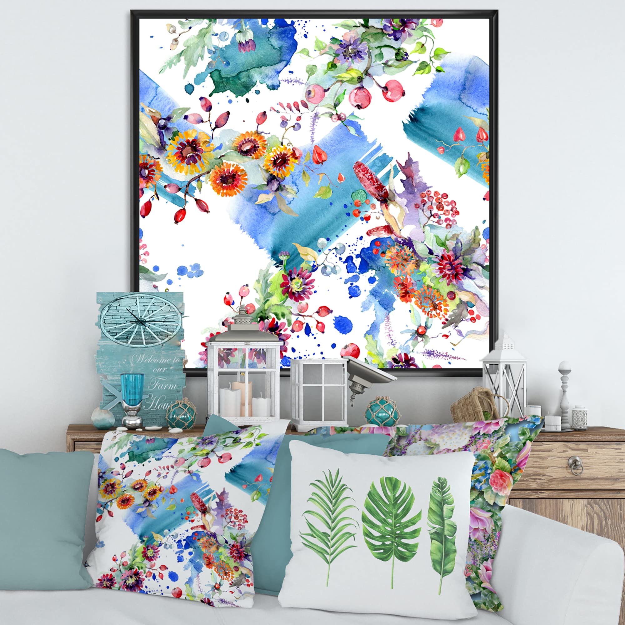 DesignQ Vibrant Wild Spring Leaves & Flowers IX - Modern Framed Canvas Wall Art Print for Living Room, Bedroom & Office Decor