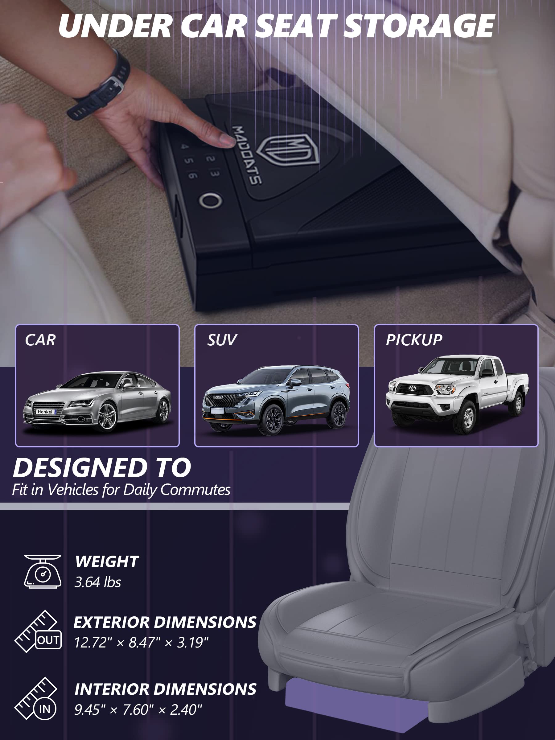 Portable Car Gun Safe - Biometric Fingerprint & Keypad Lock Box for Pistols with Security Cable | Vehicle, Home & Travel Use for Handgun Storage & Safety