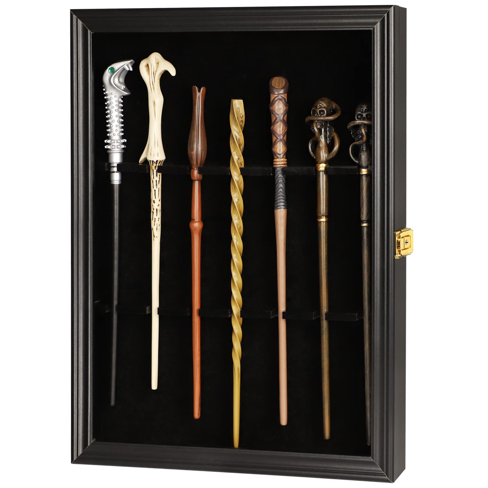 Magic Wand Display Case - Universal Wall Mount Stand for 7 Wands, Lockable Vertical/Horizontal Hanging Wooden Rack (Black) | Perfect for Harry Potter Collections, MagiQuest Games & Witchcraft Decor