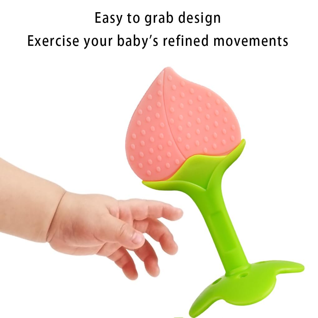 Kritiu Fruits Teether & Teether Combo - BPA-Free Silicone Baby Teething Toy for 0-12 Months | Soft & Safe Infant Gum Massager | Red Watermelon & Peach Design | Perfect for Soothing Sore Gums at Home or On-the-Go