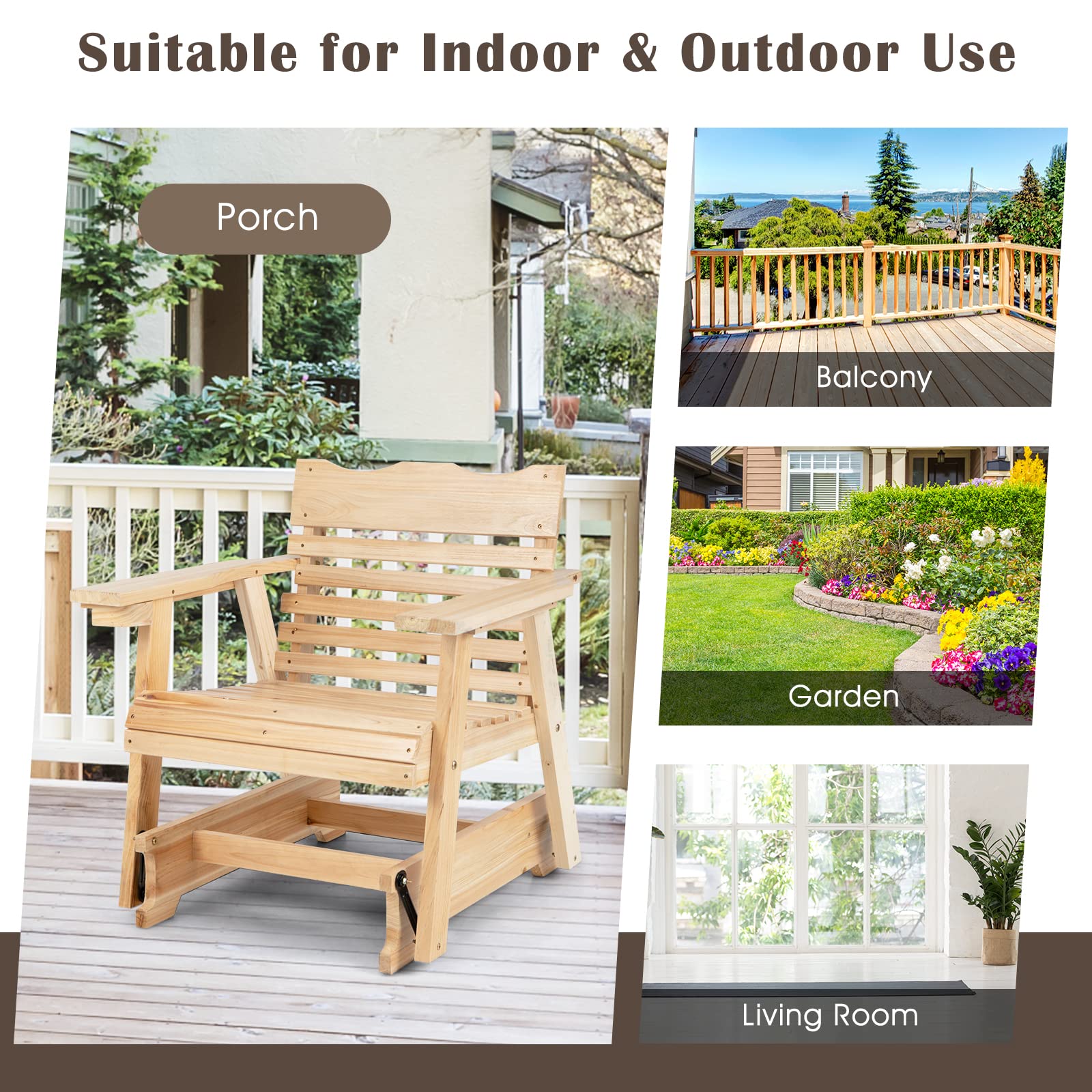 Giantex Outdoor Glider Rocking Chair Set of 2 - High Back Wooden Porch Swing with Wide Armrests, Curved Seat & Rotating Cup Holder - Perfect for Patio, Garden, Balcony, Poolside Relaxation (Natural Finish) - Ideal for Lounging, Reading, and Enjoying Outdoor Breezes