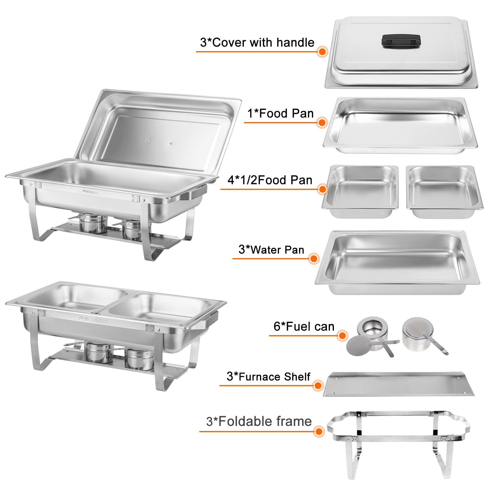 3-Pack Stainless Steel Chafing Dish Buffet Set - 8QT with Full & Half Size Pans - Portable Food Warmer for Catering, Weddings, Graduations & Events - Commercial Grade (5 Pans, Silver) - Perfect for Buffets, Parties & Large Gatherings