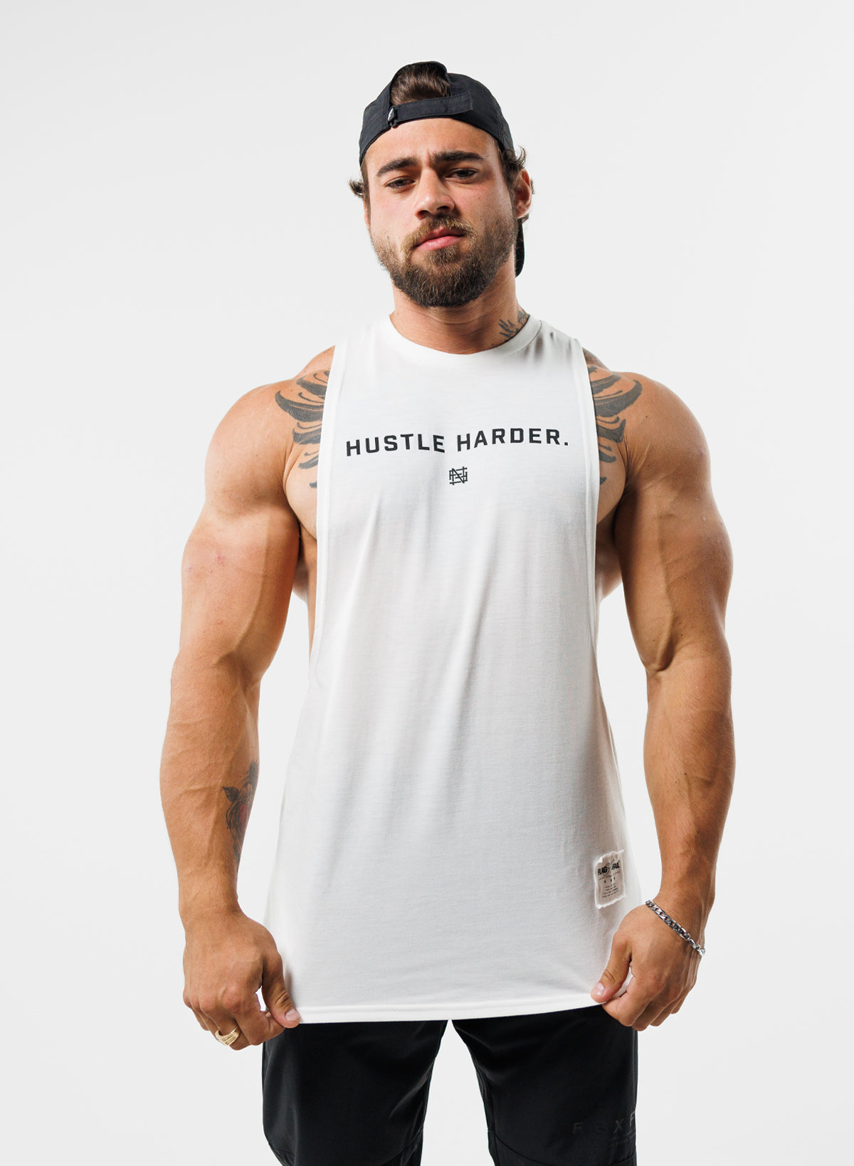 HUSTLE HARDER BRO TANK TOP - White Cotton Muscle Tee for Men | Gym Workout, Casual Streetwear & Summer Outfits