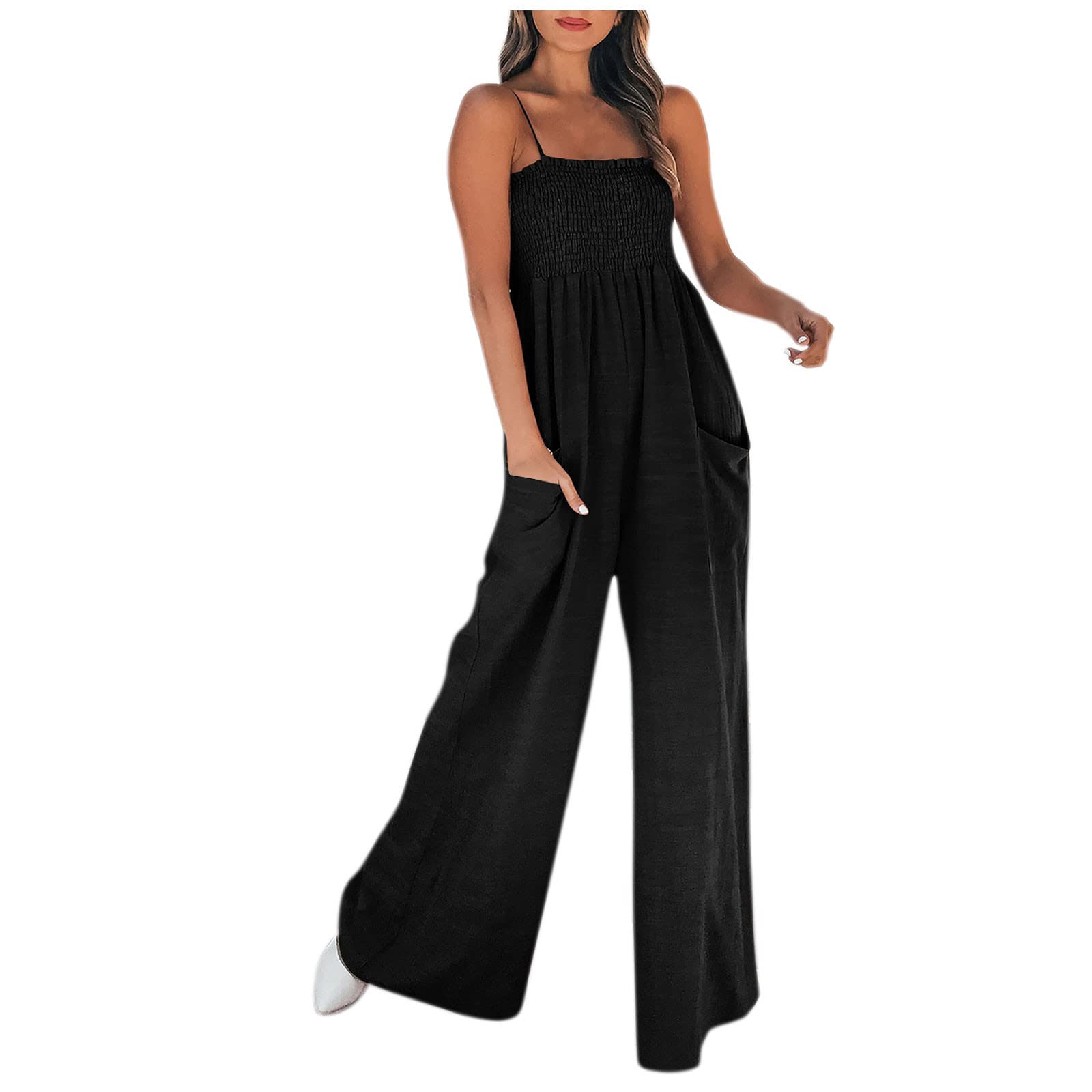 Women's Strap Maxi Overalls - Frill Smocked High Waist Jumpsuit with Pockets | Baggy Long Wide Leg Romper for Casual Wear, Outdoor Activities & Fashion Street Style