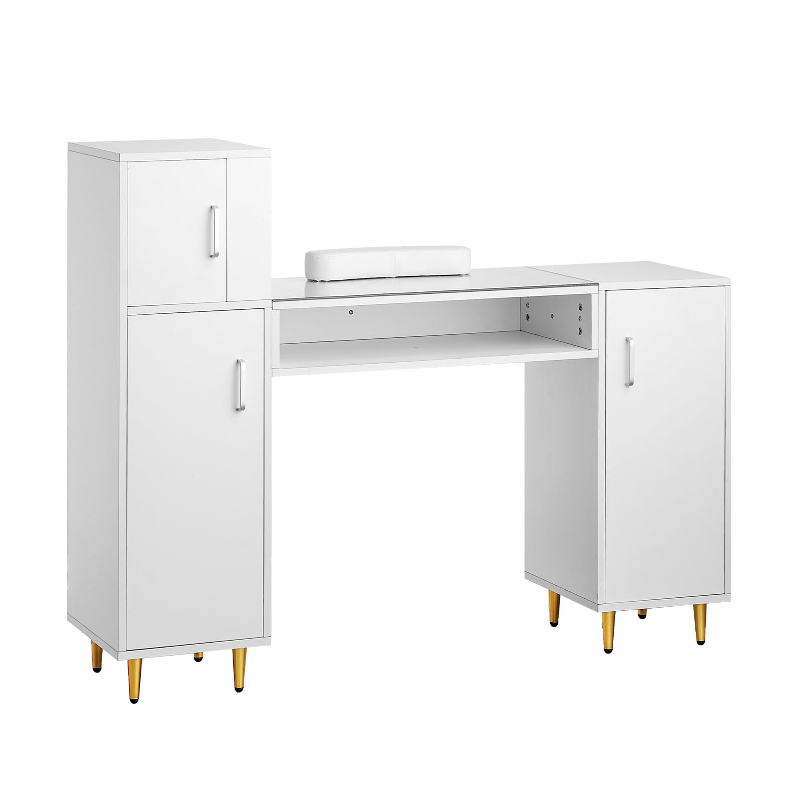 VEVOR Professional Manicure Table with Glass Top & Storage Cabinets - Acetone-Resistant Nail Tech Desk for Salon & Spa - Includes Wrist Rest & 8 Metal Legs (White) - Perfect for Nail Artists, Beauty Technicians & Home Salon Setup
