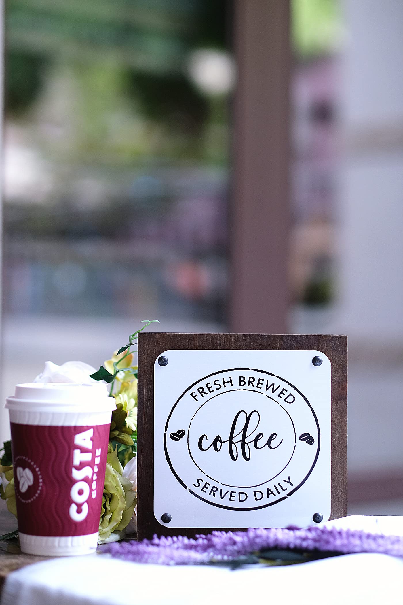 Lavender Fresh Brewed Coffee Sign - Rustic Wood Farmhouse Decor for Coffee Bar, Kitchen & Coffee Station - 7x7 Inch - Perfect for Home, Café & Office Décor