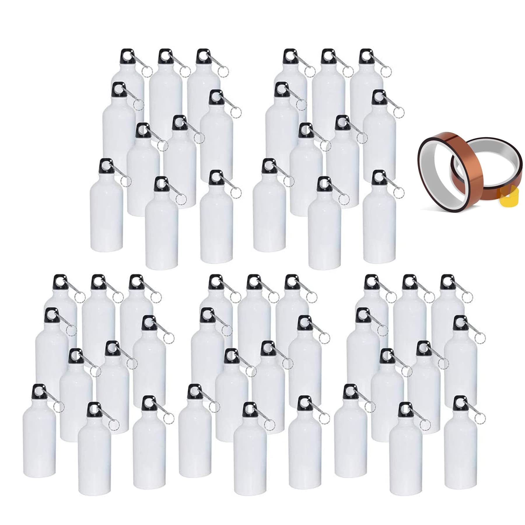 TECHTONGDA 50-Pack 600ml Sublimation Aluminum Water Bottles - Blank Coated Sports Water Bottles with Safety Lock & 2 Rolls Heat Tape - Perfect for Sublimation Heat Press Transfer Printing, Gym, Hiking, Camping & Outdoor Activities