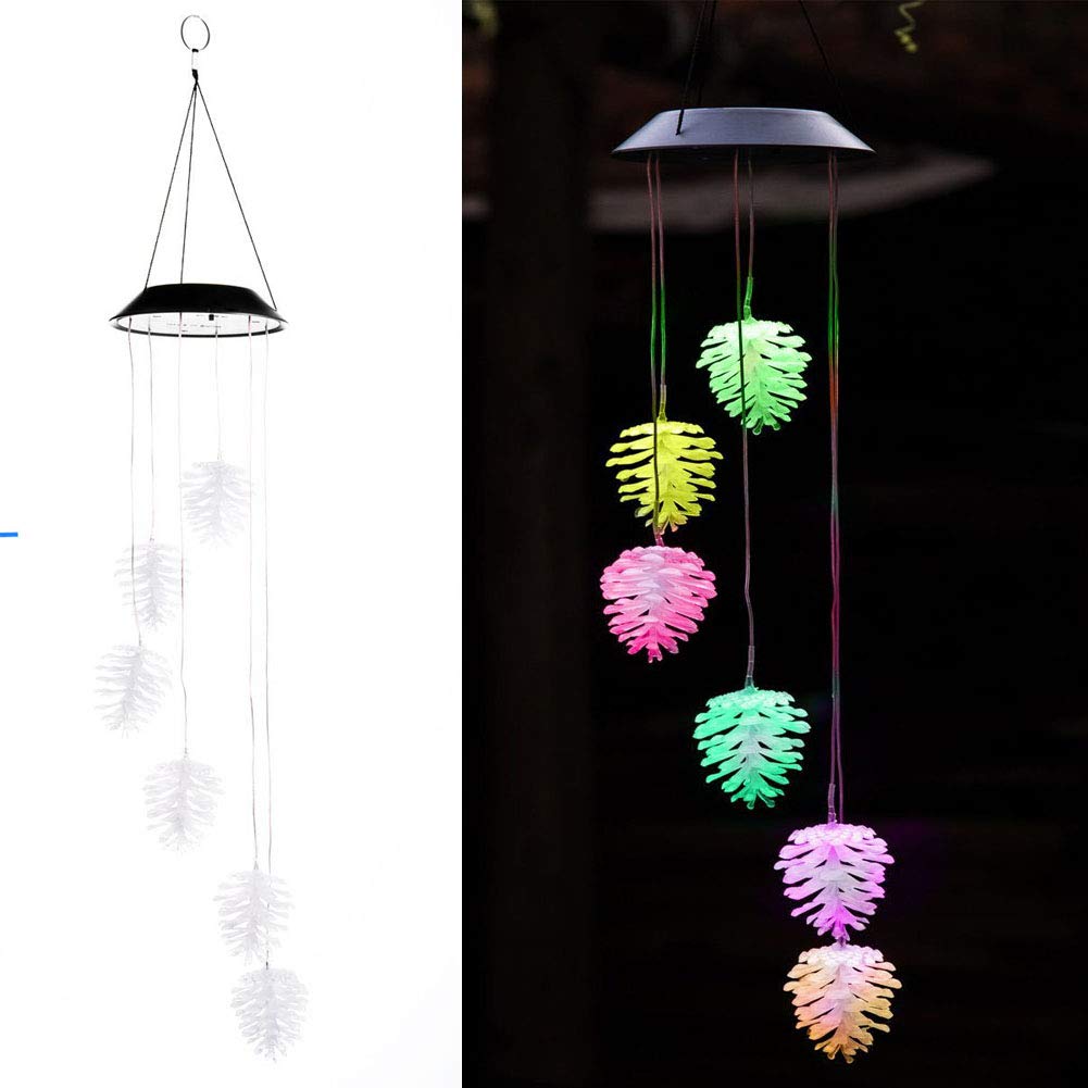 Color Changing Solar Wind Chime with LED Lights - Pine Cone Design Hanging Wind Bell for Patio, Garden, and Home Decoration - Spinning Hook & Night Light for Outdoor Relaxation & Ambiance