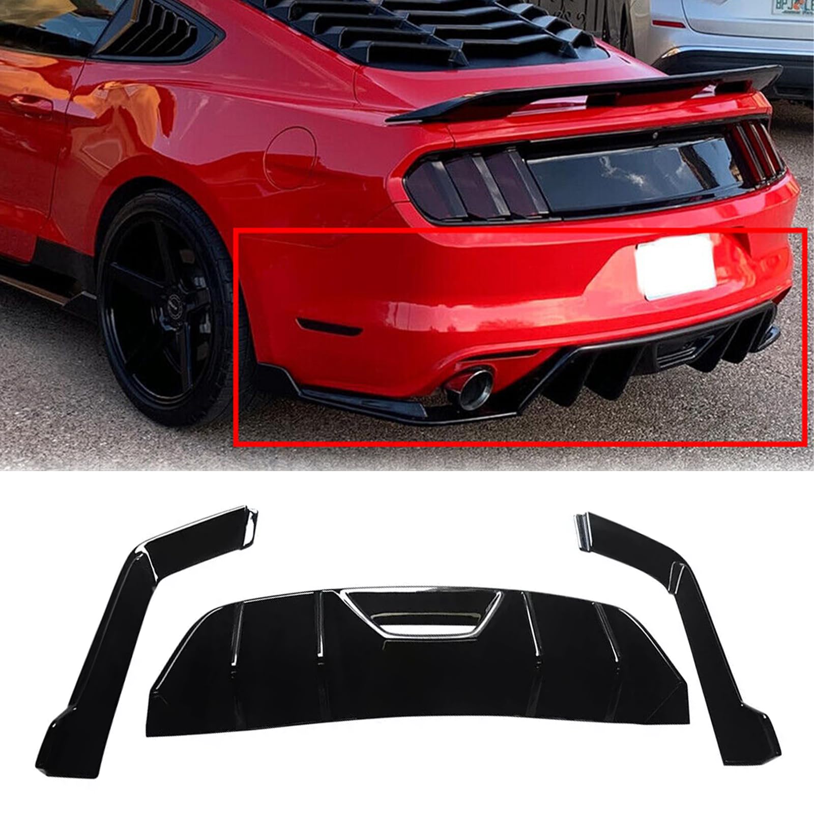 Glossy Black Rear Bumper Diffuser Lower Spoiler for 2015-2017 Ford Mustang HN Style - Upgrade Your Car's Aerodynamics & Style for Street Racing & Show Cars