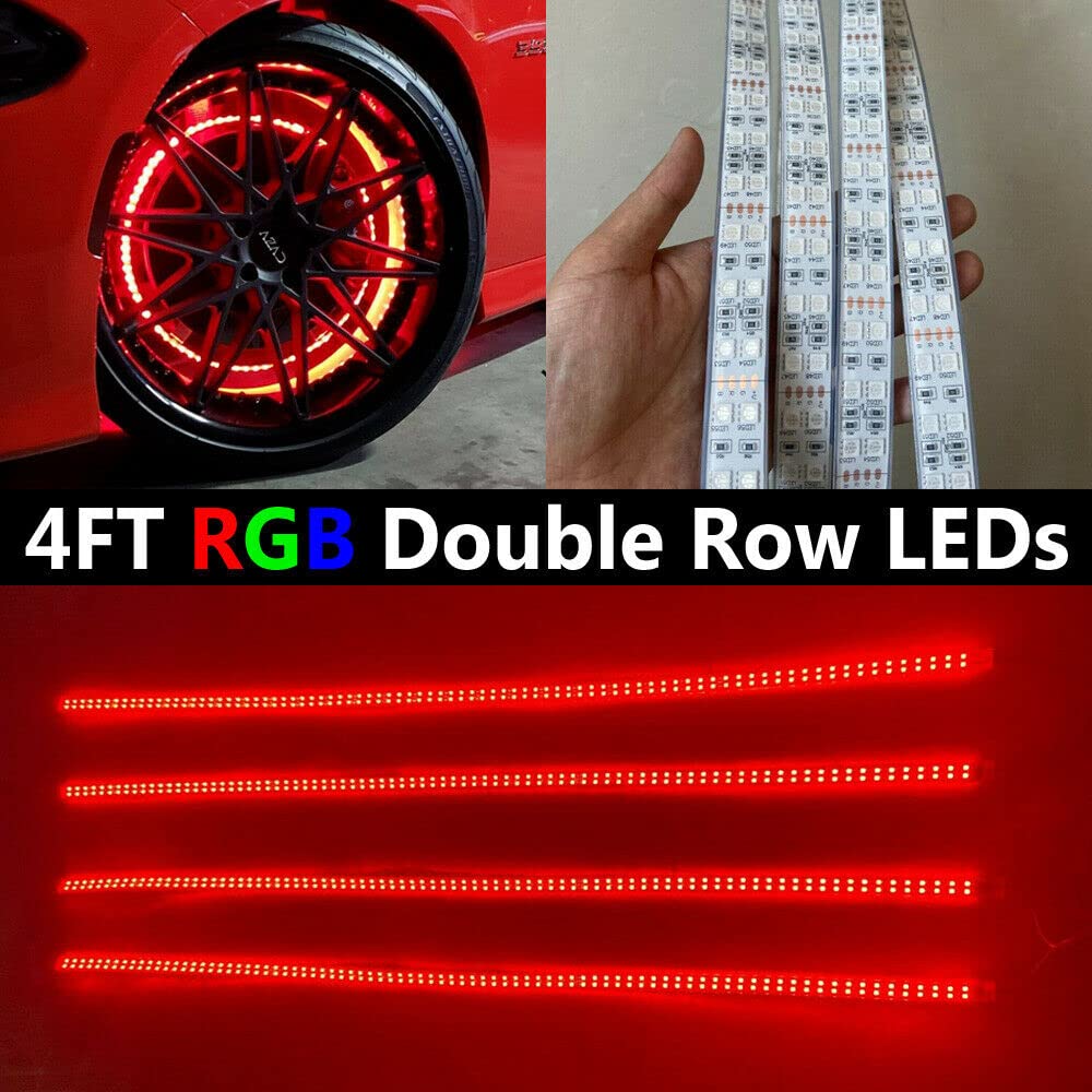 4FT RGB Multi-Color Changing LED Light Strips - 600 LEDs x4PCS, Dual Brightest Double Row Underglow Truck Wheel Lights for 15.5'' Tires | Perfect for Car Customization, Off-Road Vehicles & Nighttime Driving
