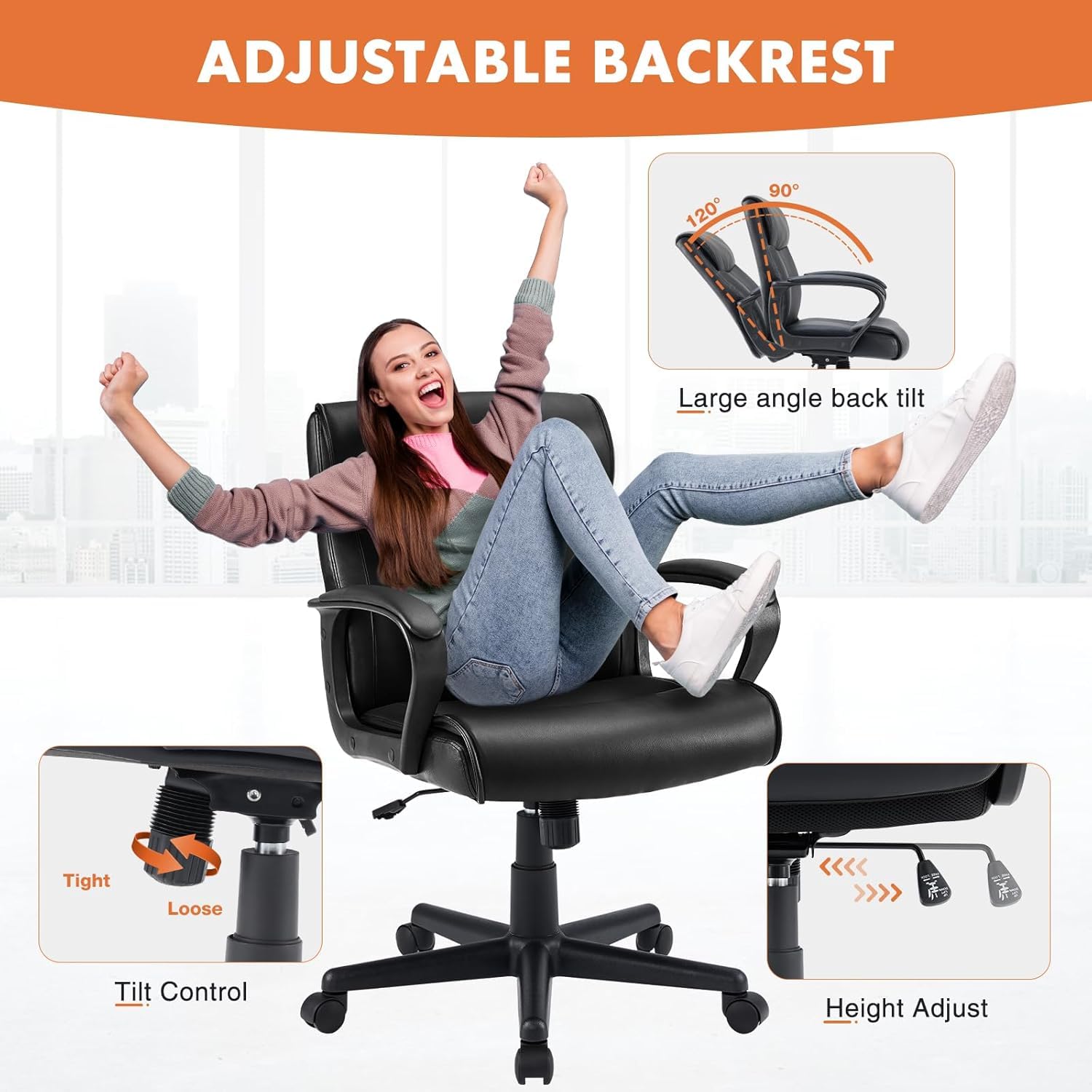 Ergonomic Office Chair with Adjustable Height & 360° Swivel - PU Leather Executive Computer Task Chair with Padded Armrests - Perfect for Home Office, Gaming & Workspace Comfort