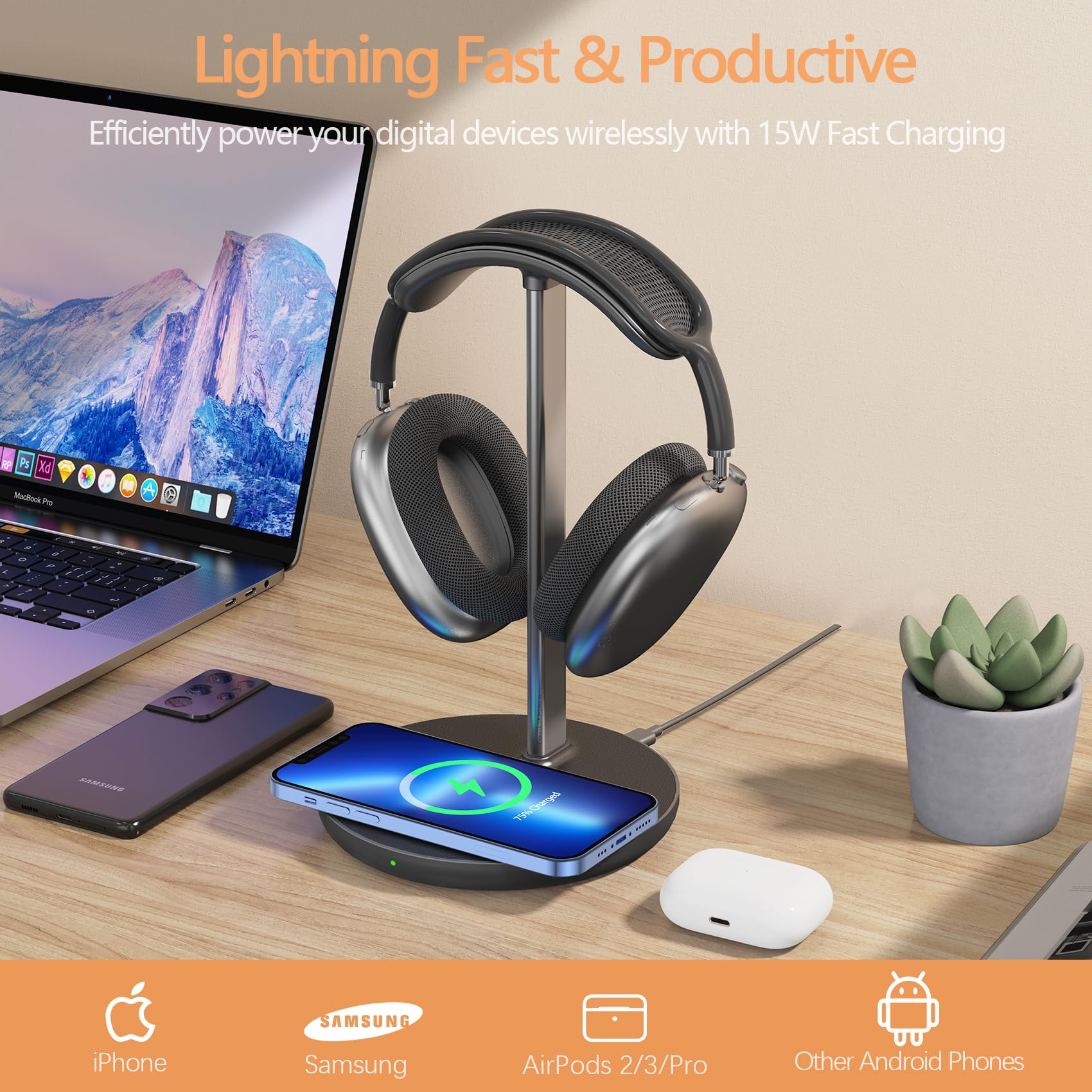 2-in-1 Wireless Charging Headphone Stand - Compatible with iPhone 15/14/13/12/11, Samsung, AirPods Pro/3/2 & All Gaming Headsets | Desktop Organizer with Fast Charging Dock for Office, Gaming Setup & Home Decor (Black)