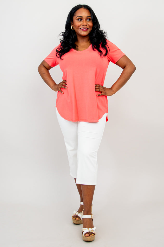 Jackie Women's Short Sleeve Summer Top - Coral Bamboo V-Neck Blouse for Casual Wear & Beach Outings