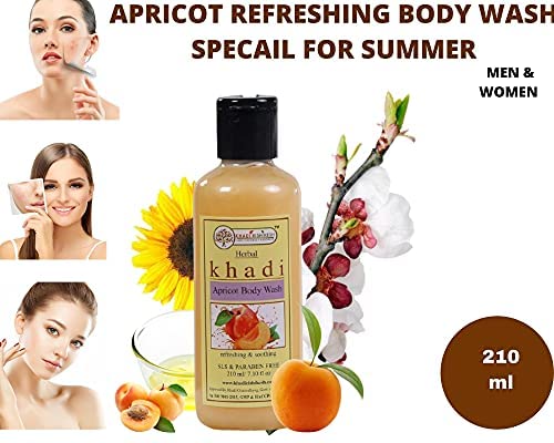 Khadi Rishikesh Ayurvedic Body Wash - Apricot Refreshing Shower Gel for Women & Men - Removes Dead Skin Cells - SLS & Paraben Free 210ml - Includes Free Loofah Bathing Sponge - Perfect for Daily Cleansing in Summer & Winter - Ideal for Dry, Sensitive Skin & Relaxing Bath Time