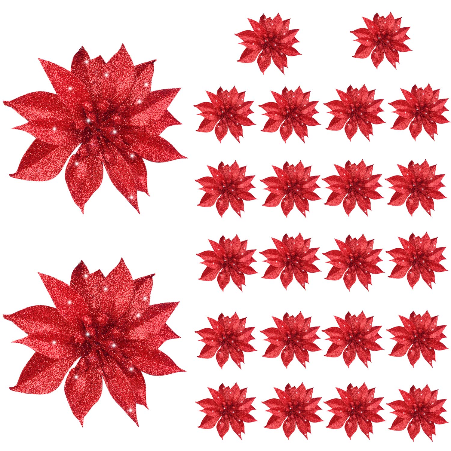 24 Pack Artificial Poinsettia Flowers with Glitter - 3.75 Inch Red Christmas Clip On Ornaments for Tree Decor, Wreaths, Gift Wrapping & Holiday Home Decoration