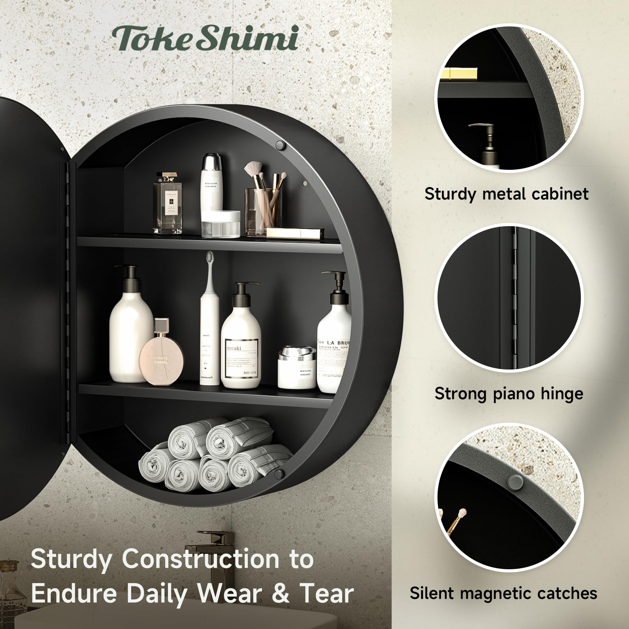 20 Inch Round Black Bathroom Medicine Cabinet with Mirror - Wall Mounted Metal Framed Vanity Mirror with Removable Shelves - Perfect for Farmhouse Style Bathrooms, Small Spaces & Modern Home Decor