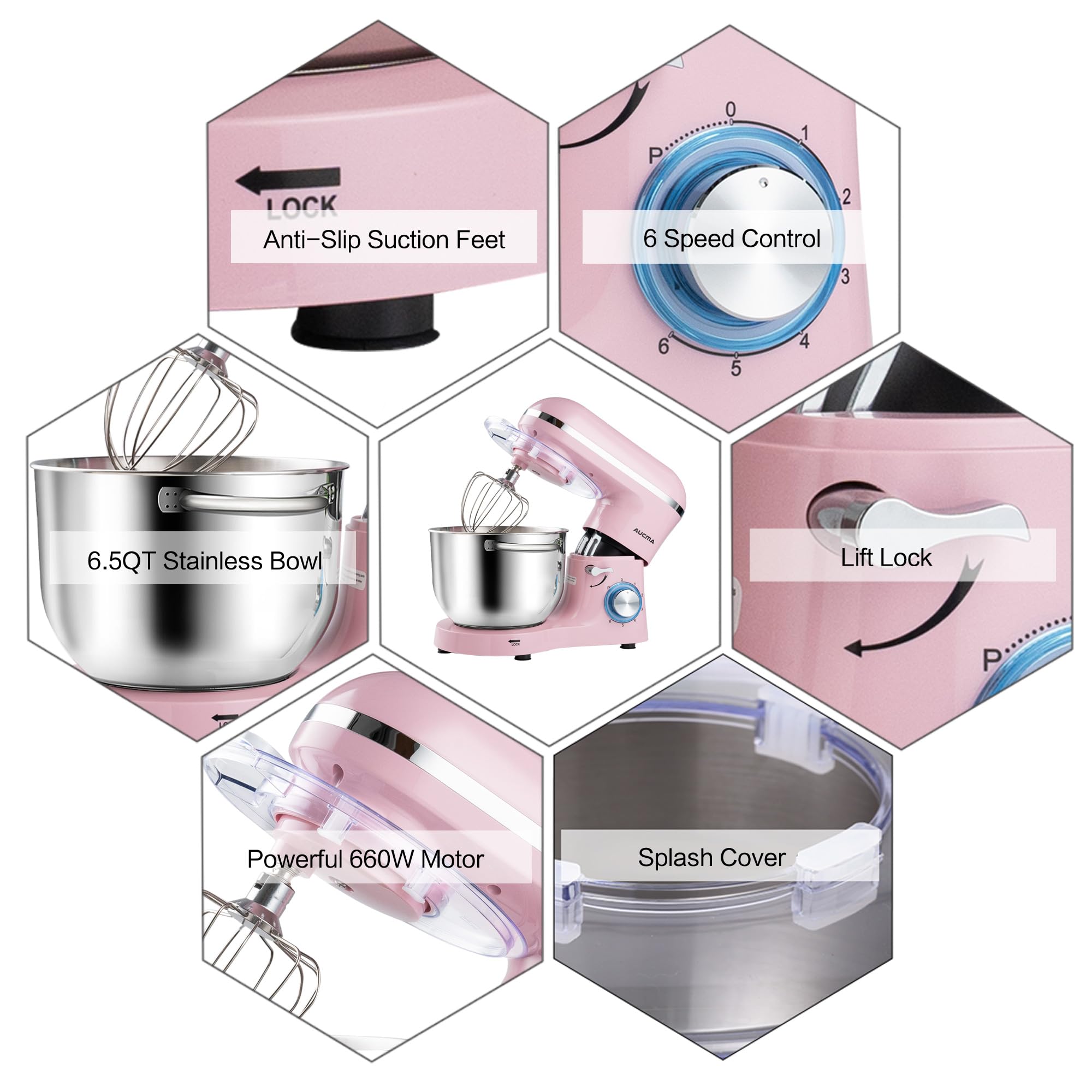 Aucma 6.5-QT 660W Stand Mixer - 6-Speed Tilt-Head Electric Kitchen Mixer with Dough Hook, Wire Whip & Beater (Pink) | Perfect for Baking Cakes, Cookies, Bread & More