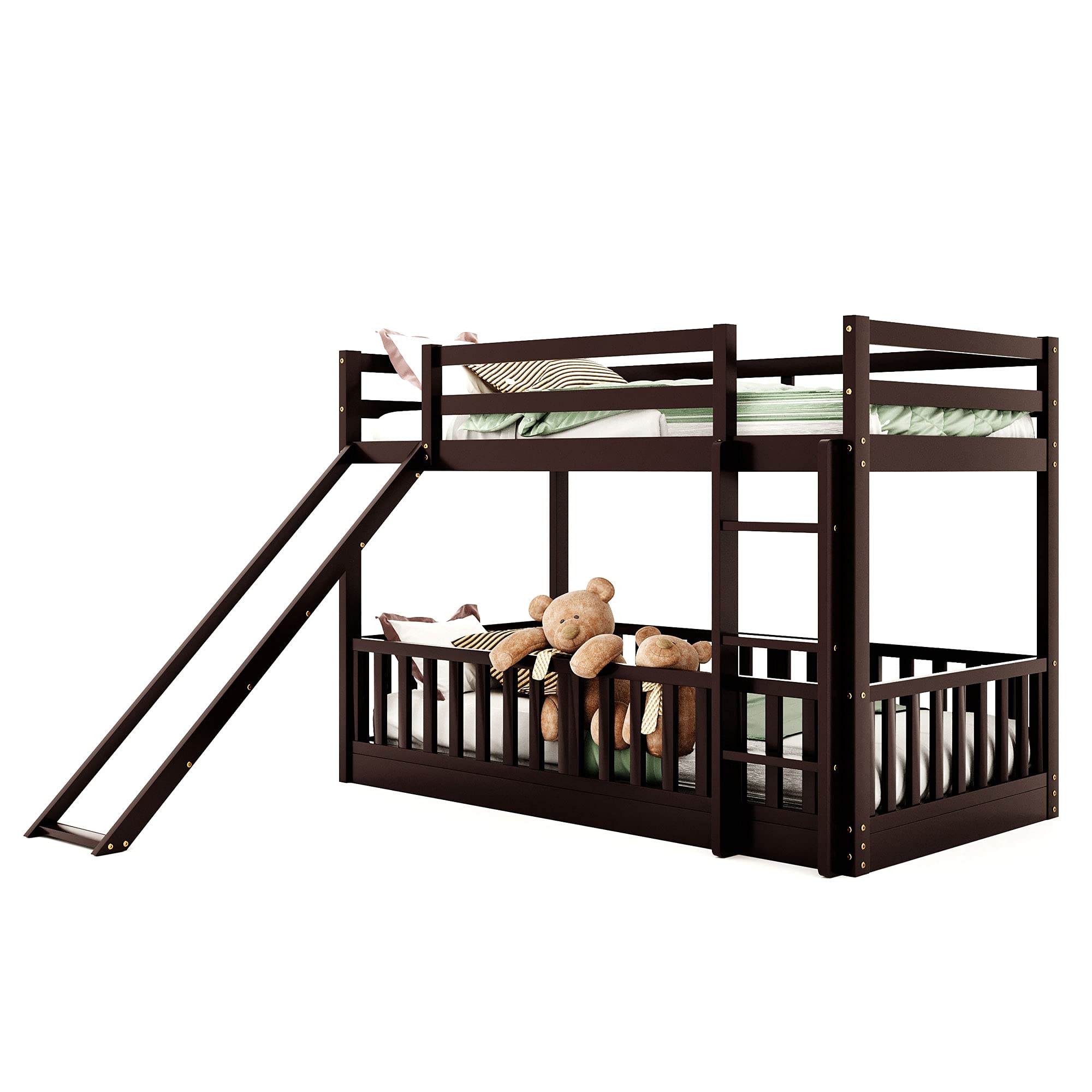 RUNNA Twin Over Twin Wood Bunk Bed with Convertible Slide & Ladder - Space-Saving Kids Loft Bed with Full-Length Guardrail - Espresso Finish for Bedroom, Dorm, or Playroom