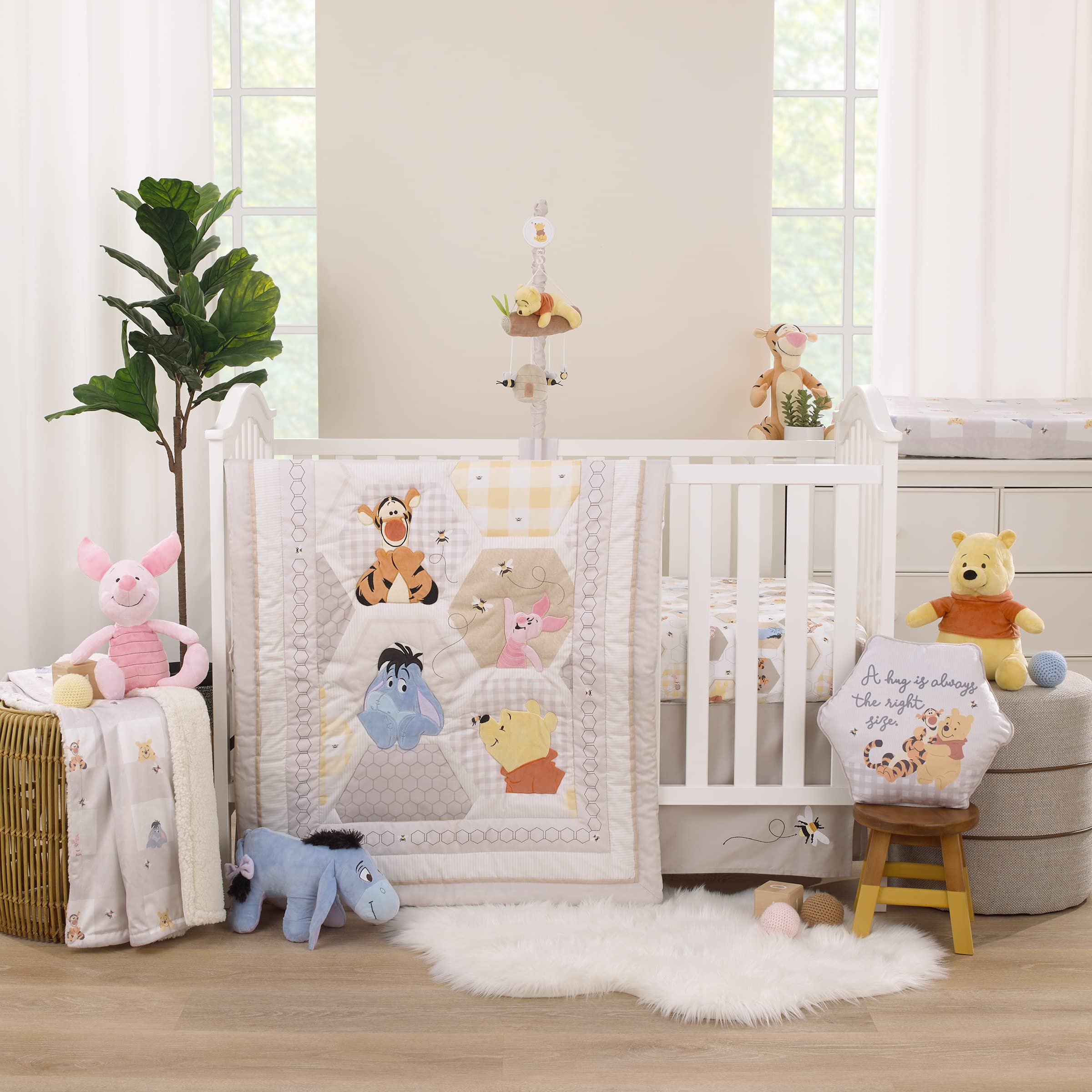 Disney Winnie The Pooh 3-Piece Crib Bedding Set - 100% Cotton Comforter, Fitted Sheet & Skirt with Piglet, Tigger & Eeyore | Grey White Tan Patchwork Nursery Decor | Perfect for Baby Shower Gifts & Cozy Nursery Themes