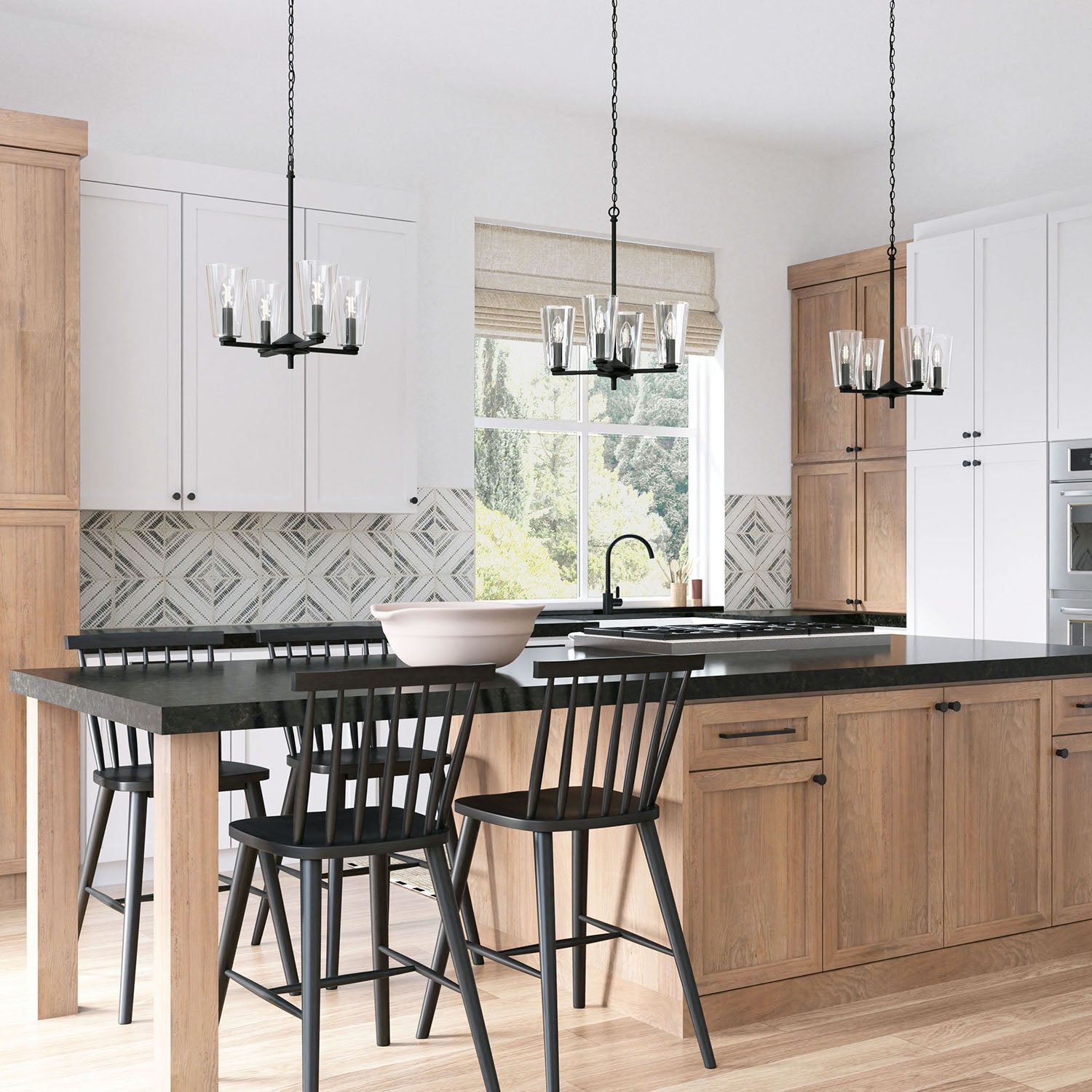 Finley 4-Light Modern Pendant Lighting Fixture - Sleek Black Metal & Clear Glass Shades for Kitchen Island, Dining Room or Entryway