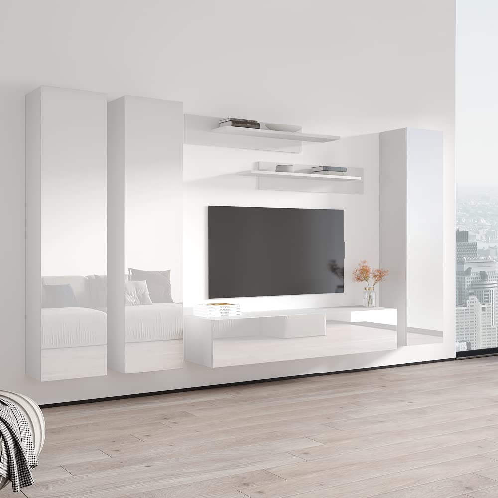Modern Floating TV Stand with Storage & LED Lights - Wall-Mounted Entertainment Center for Bedroom & Living Room - White Meble Furniture Fly CD1 30