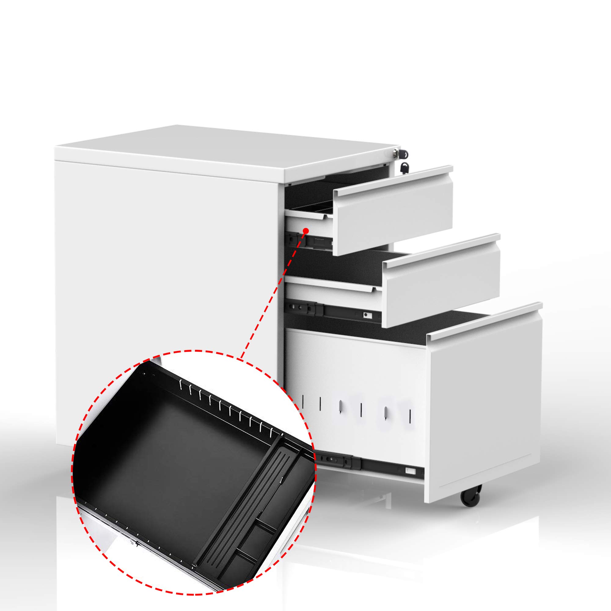 Lockable 3-Drawer Gooseneck Mobile File Cabinet with Wheels - Metal Storage for Legal/Letter/A4 Documents - Home Office Organization & Space Saving Solution (White) - Perfect for Small Spaces, Dorm Rooms & Shared Workspaces