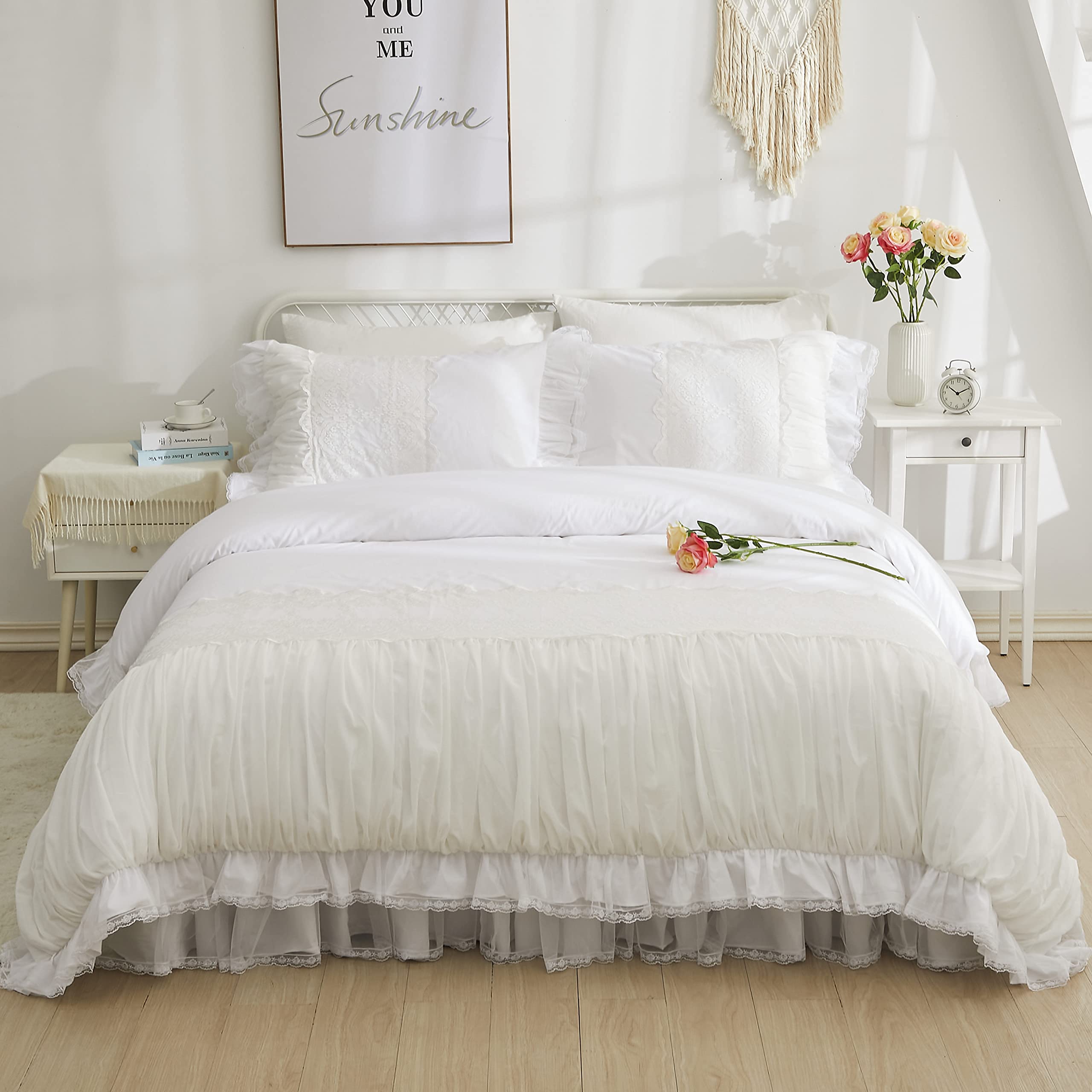 Softta 100% Cotton 600 TC Lace Duvet Cover Set - White Farmhouse Style 4-Piece Bedding with Ruffles (California King) | Boho Chic & Romantic Bedroom Decor for Master Bedroom, Guest Room, or Vacation Home