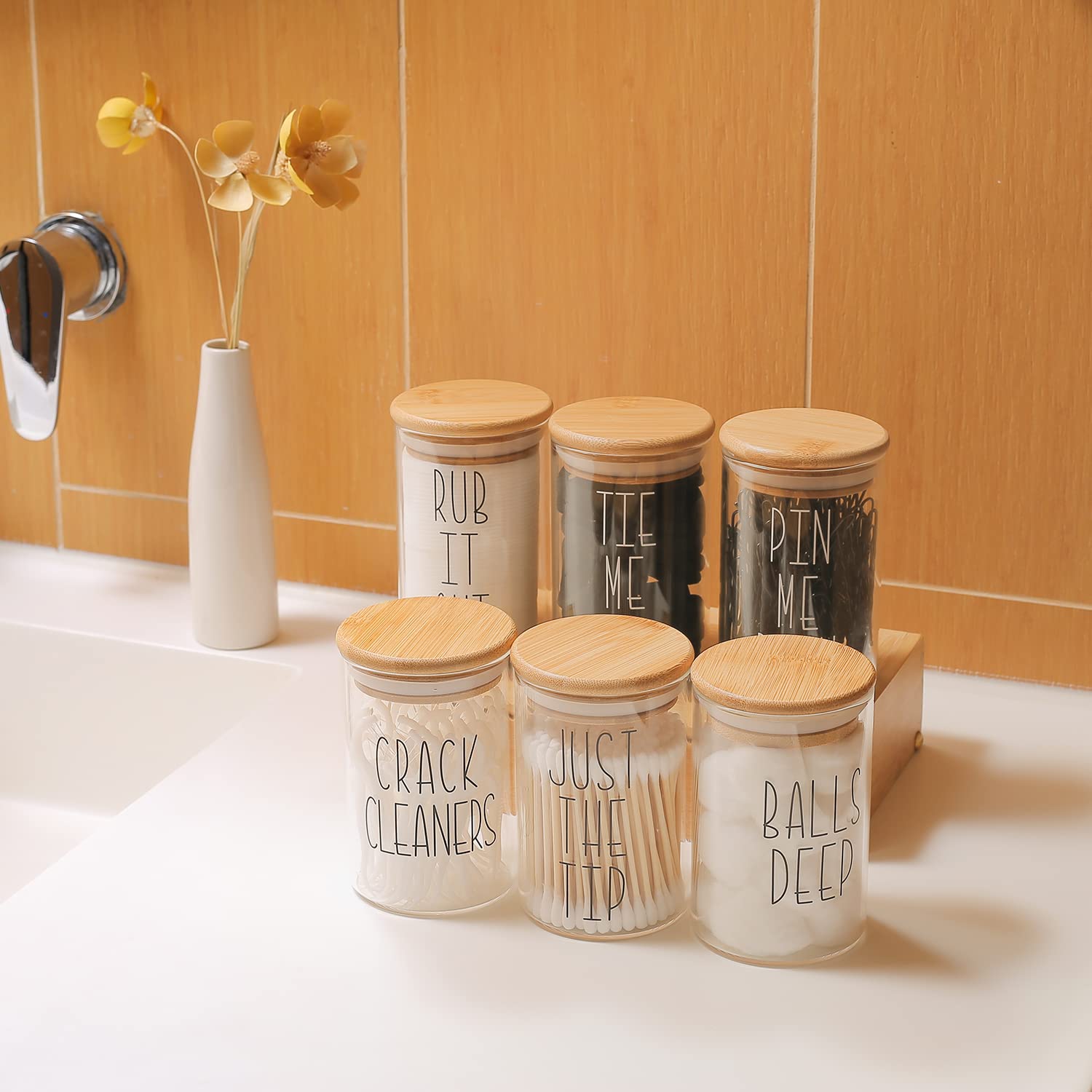MOMEEMO Apothecary Jars with Lids - Bathroom Storage Organizer for Hair Ties, Bobby Pins & Small Accessories | Bamboo Bathroom Decor | Perfect for Vanity, Countertop & Shower Organization