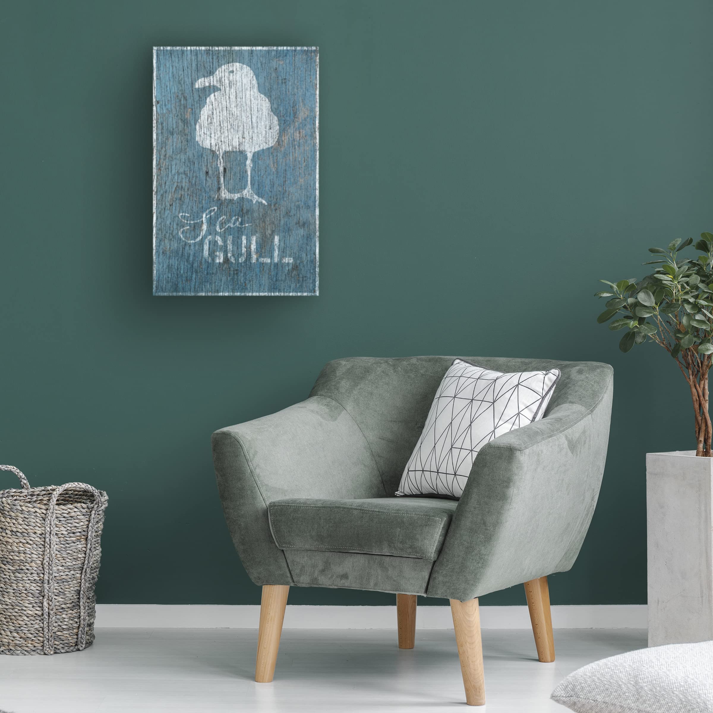 Seagull on Blue Wood Canvas Art Print by Cora Niele - Coastal Beach Decor for Living Room, Bedroom & Office - Handmade Wall Art for Home & Office Decoration