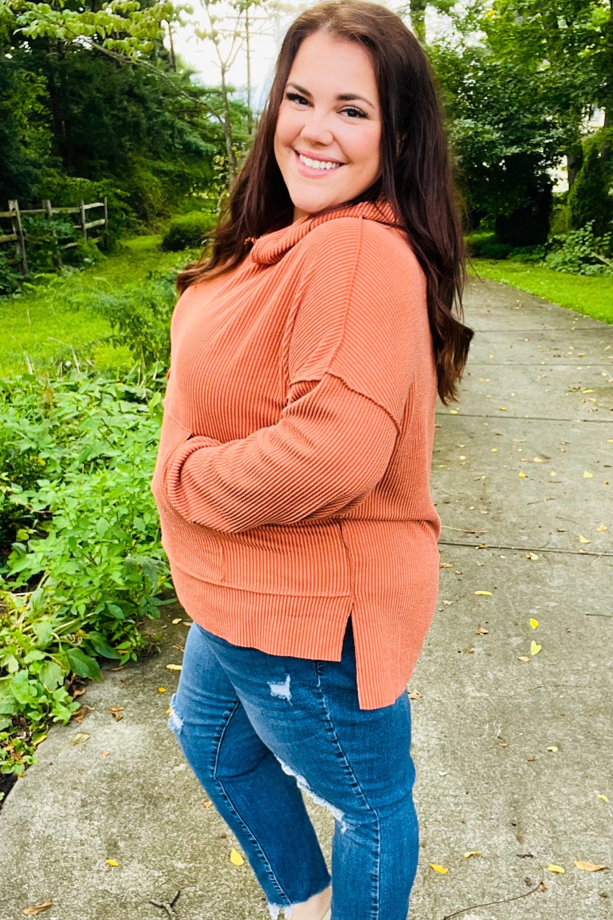 Cozy Days Rust Mineral Wash Rib Knit Hoodie - Soft Vintage Pullover for Women & Men | Perfect for Fall Layering, Casual Outfits & Loungewear