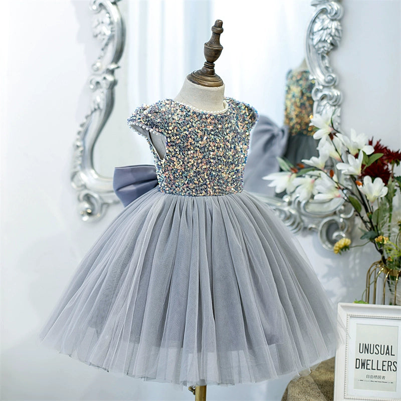 Princess Round Tea Length Tulle Flower Girl Dress in Grey - Perfect for Weddings, Birthday Parties & Special Occasions