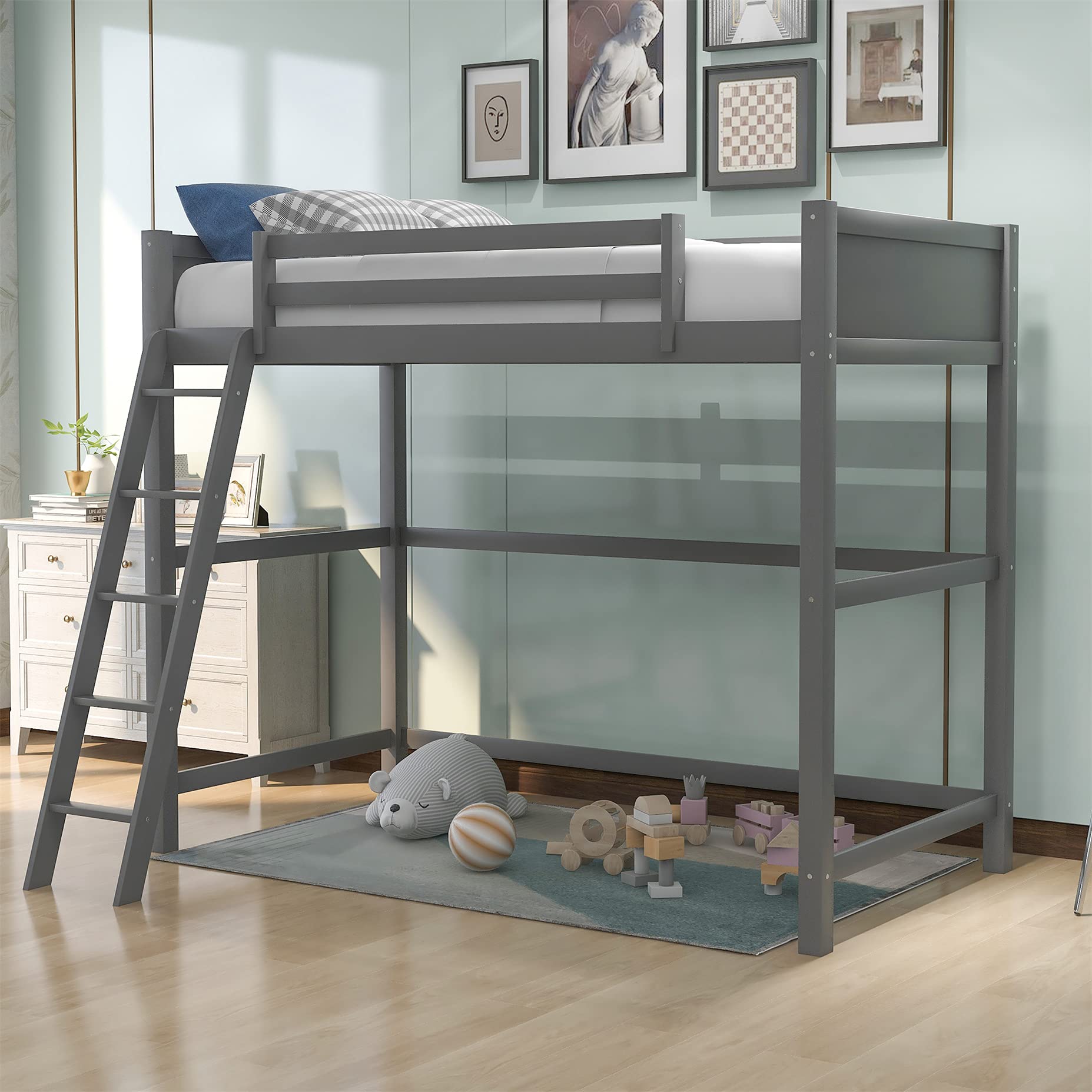 Harper & Bright Designs Twin Size Wooden Loft Bed with Ladder & Safety Rail - Grey - Space Saving High Loft Bed Frame for Kids, Teens & Small Rooms - Perfect for Bedroom, Dorm, Studio & Apartment Decor