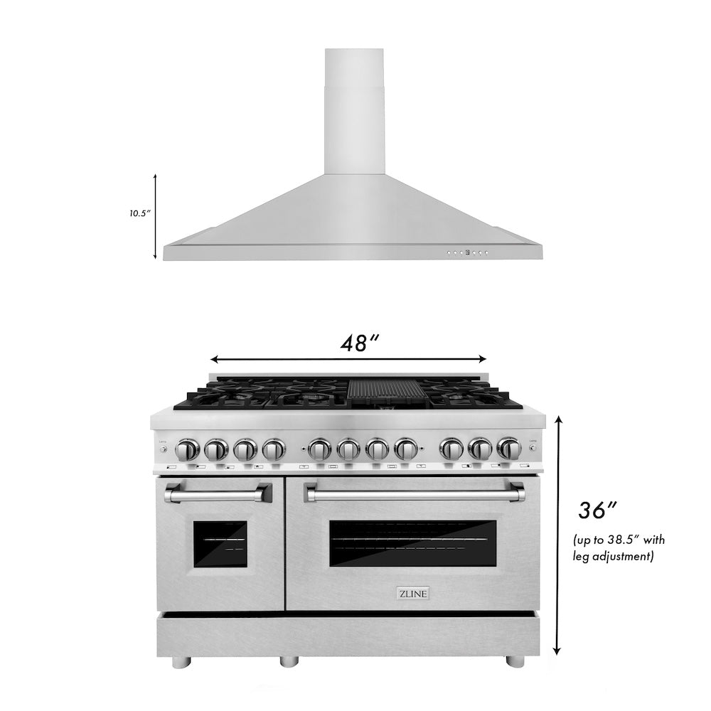ZLINE 48 Inch Professional Kitchen Package - Stainless Steel Dual Fuel Range & Convertible Vent Hood for Home Chefs | Perfect for Modern Kitchens & Gourmet Cooking