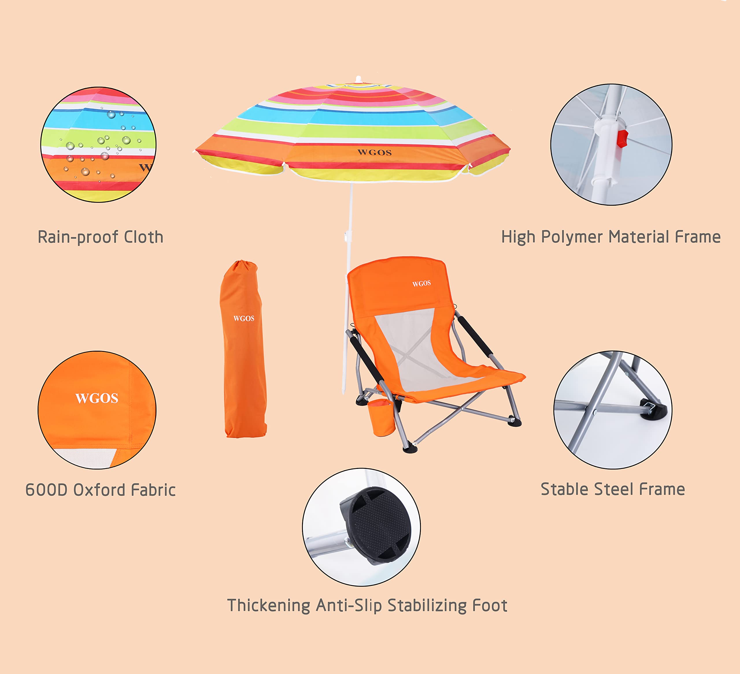 **Premium 2-Pack Orange Folding Beach Chairs with Umbrella - Portable Low Profile Beach Chairs for Adults, Camping & Outdoor Relaxation - Perfect for Sand, Poolside, Picnics & Travel**