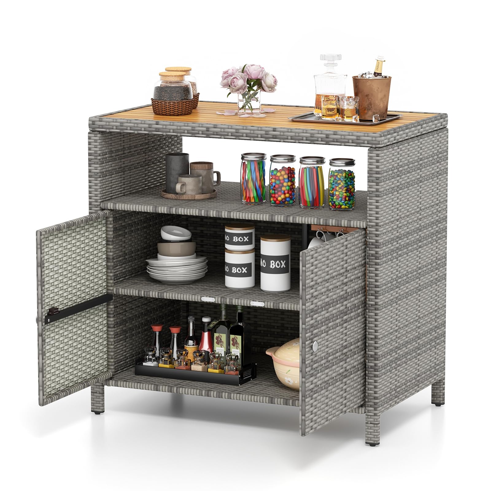 Tangkula Rattan Storage Cabinet with Acacia Wood Countertop - 2-Door Wicker Sideboard for Outdoor Patio, Poolside & Garden Storage Organizer (Mix Grey) | Open & Enclosed Compartments for Decor & Organization