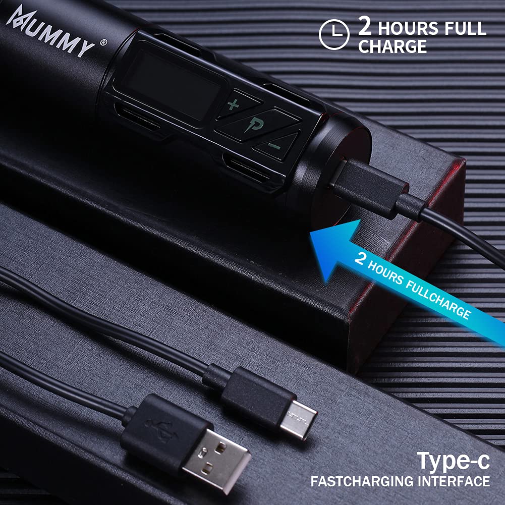 Professional Mummy Tattoo Rotary Pen Machine - 1800mAh Battery, Coreless Motor, LED Display - Cartridge Tattoo Equipment for Artists (Black) | Perfect for Tattoo Shops, Home Studios & Professional Tattoo Artists