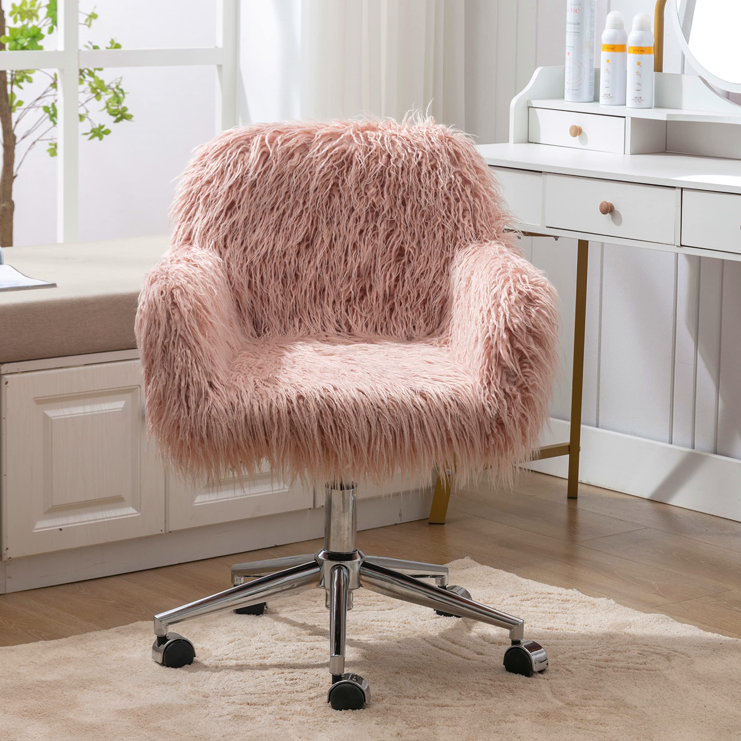 Elegant Pink Faux Fur Vanity Chair with Wheels - Modern Comfy Makeup Desk Chair for Girls & Women - Perfect for Bedroom, Living Room & Dressing Room Decor