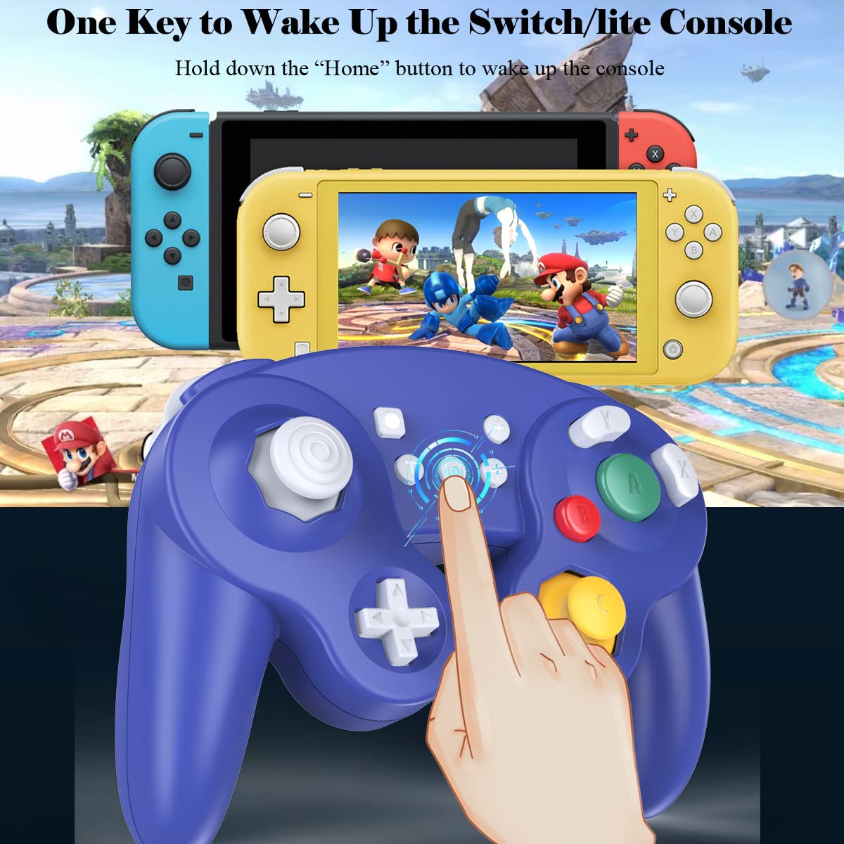 EXLENE Wireless Gamecube Controller for Nintendo Switch/Lite/PC/Android/iOS/Steam - Pro Controller with Wake Up, Motion Control, Adjustable Vibration, Turbo & Auto Turbo (Upgraded Blue) - Perfect for Gaming, Streaming & Multiplayer Sessions