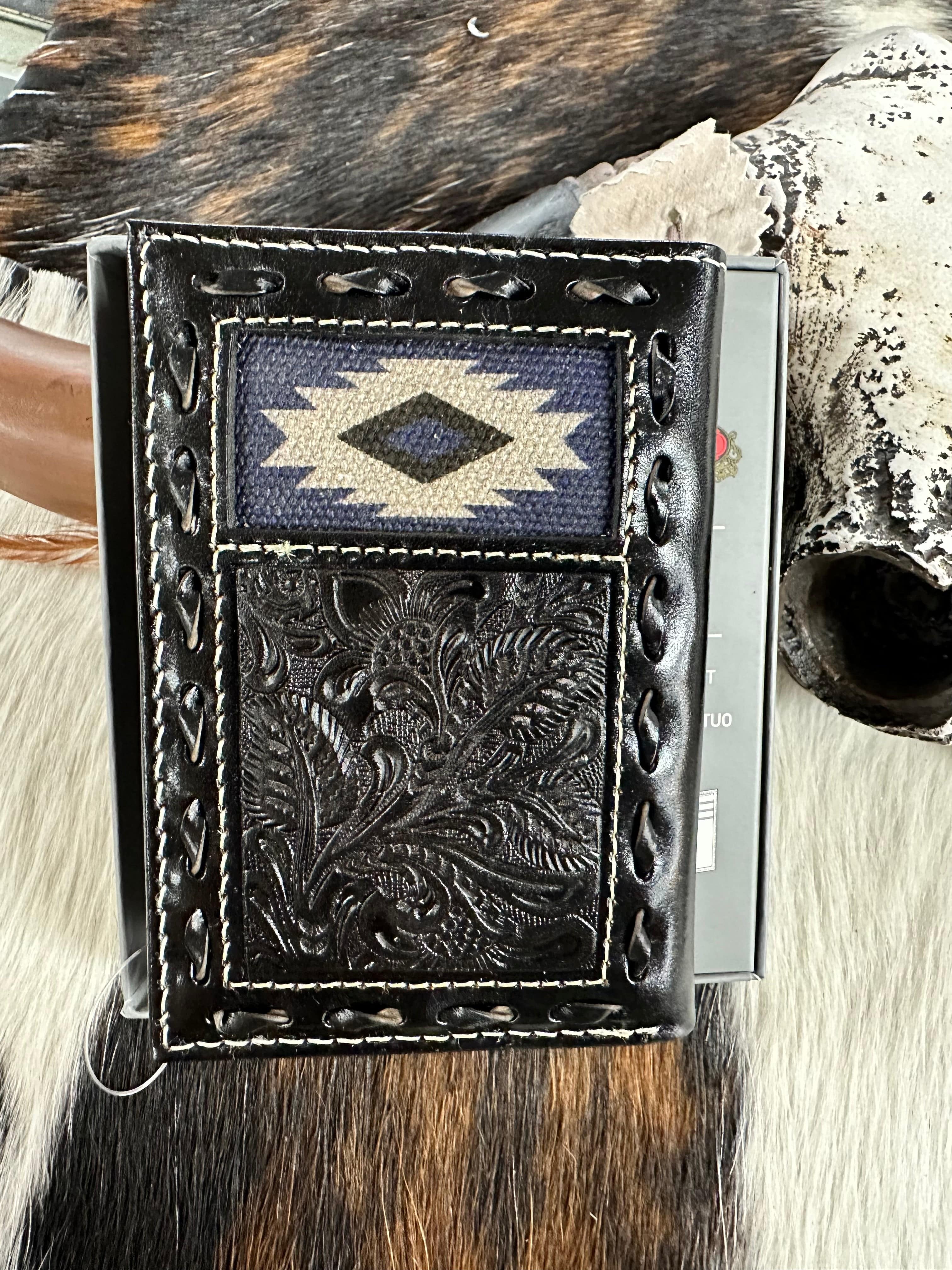 Nocona Genuine Leather Aztec Tooled Wallet for Men - Stylish Bifold Billfold with Card Slots - Perfect for Everyday Use, Travel & Gifting