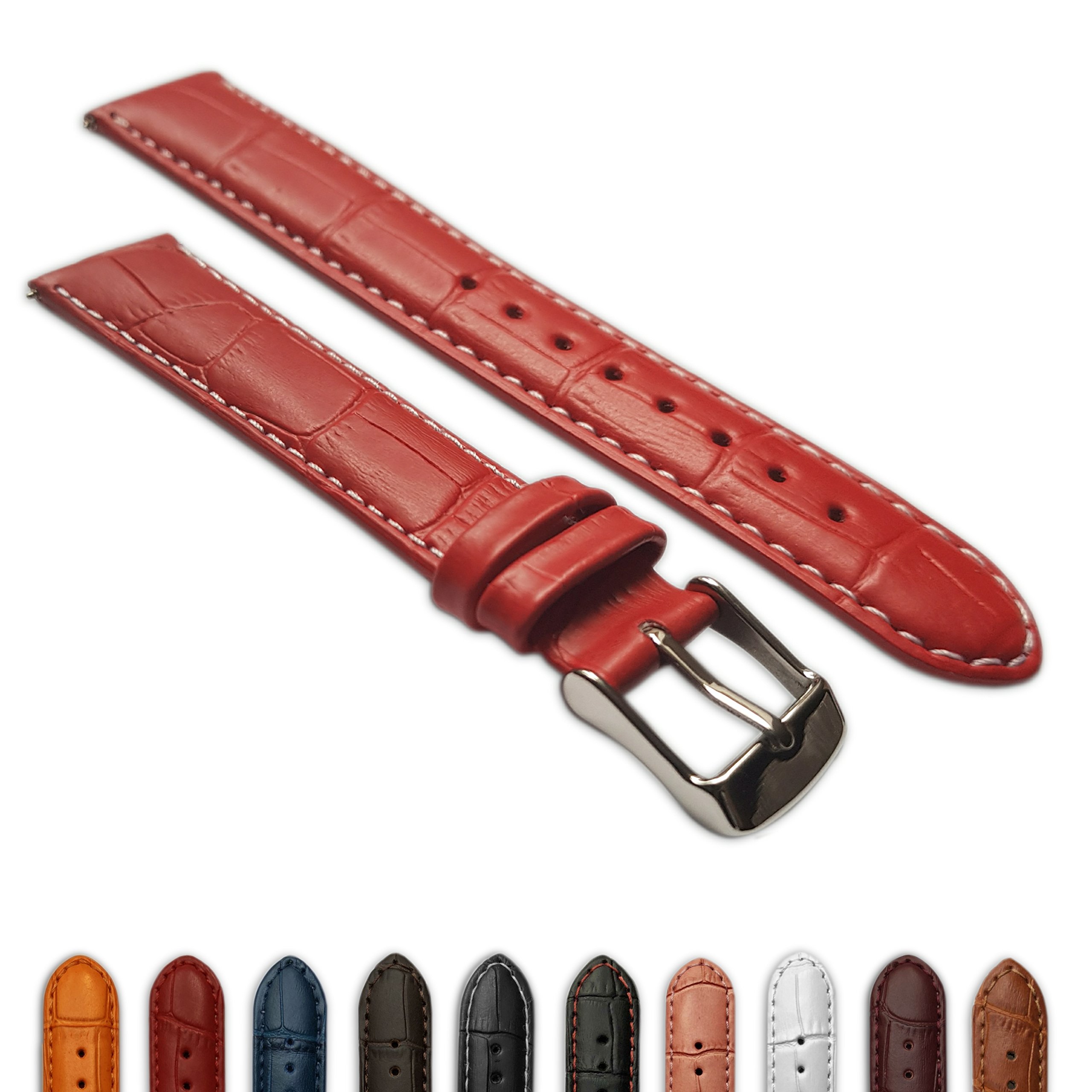12mm Genuine Leather Crocodile Print Watch Band for Women - Adjustable Buckle Strap in Red & White - Perfect for Dress Watches, Business Attire & Everyday Fashion Accessories