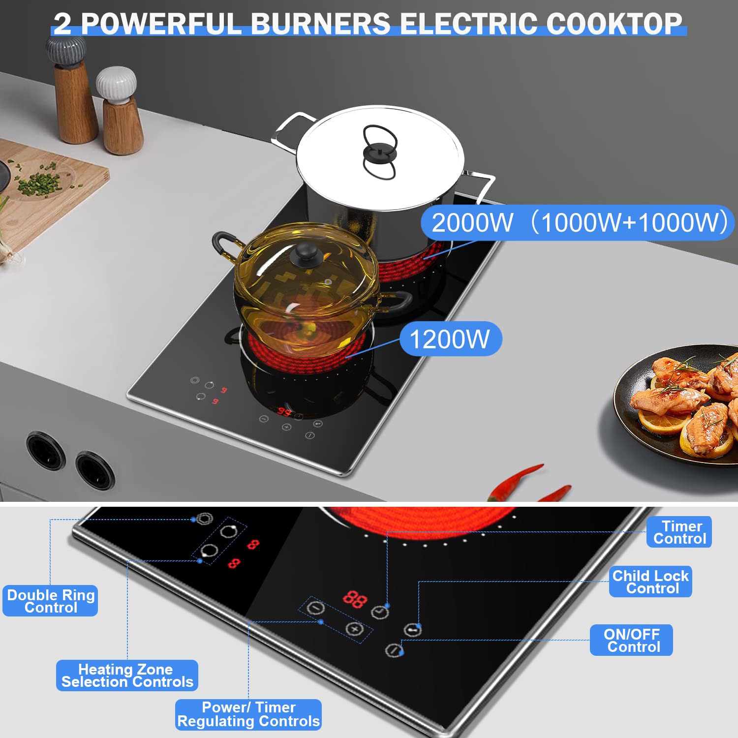 Hobsir 12-inch 2 Burner Electric Cooktop - 3200W Built-in Ceramic Stove with Touch Control, Timer & Safety Lock - 9 Power Levels, 220V-240V Hardwired (No Plug) - Perfect for Small Kitchens, Apartments & RVs