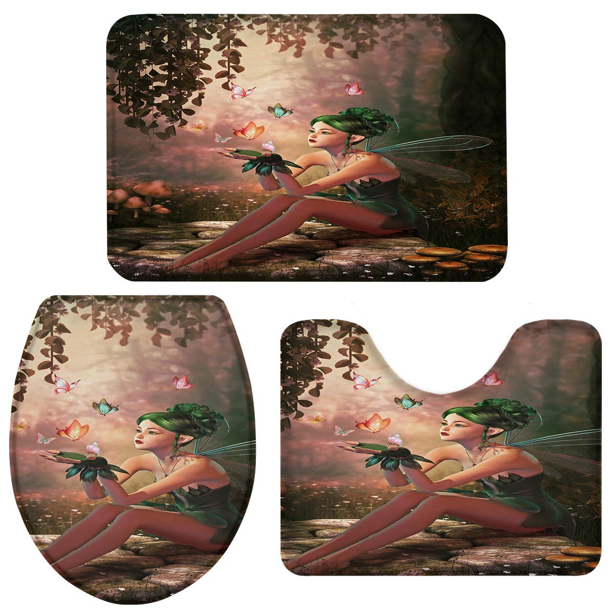 Queenker 3-Piece Bathroom Rug Set - Non-Slip Toilet Seat Cover with Fairy Girl Wings & Wonderland Forest Print, Contour Rug & Pedestal Mat - Soft Cotton Bath Mats for Small Bathrooms (Perfect for Kids' Rooms, Guest Bathrooms & Cozy Home Decor)