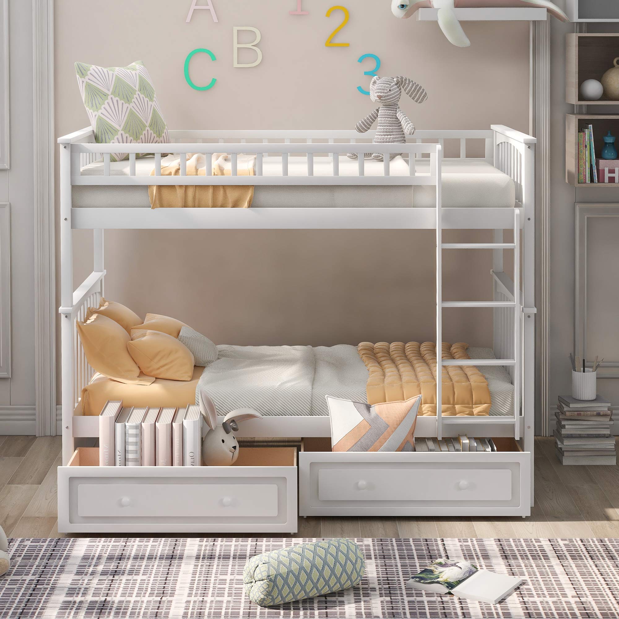**Solid Wood Bunk Bed with Storage Drawers & Ladder - Twin Size, White - Space-Saving Kids, Teens & Adults Bed for Small Rooms, Dorms & Guest Rooms**