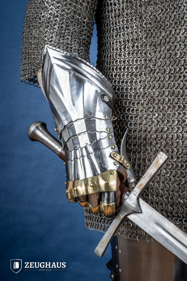 15th Century German Gauntlets - 1.2mm Steel Medieval Armor with Brass Accents for LARP, Cosplay, and Historical Reenactment