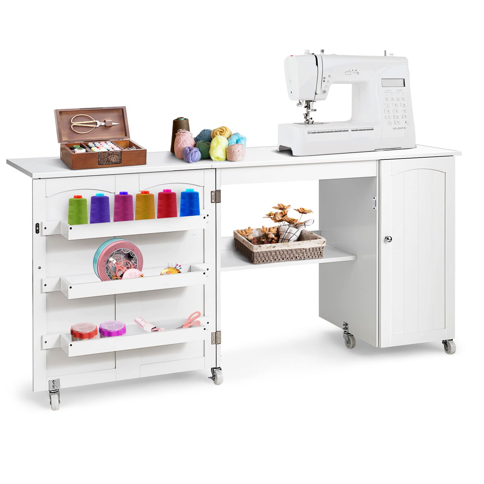Giantex Folding Sewing Craft Table with 3 Storage Bins & Side Cabinet - Adjustable Rolling Sewing Machine Desk with Lockable Wheels & Interior Shelf - Perfect for Small Spaces, Apartments & Craft Rooms - White